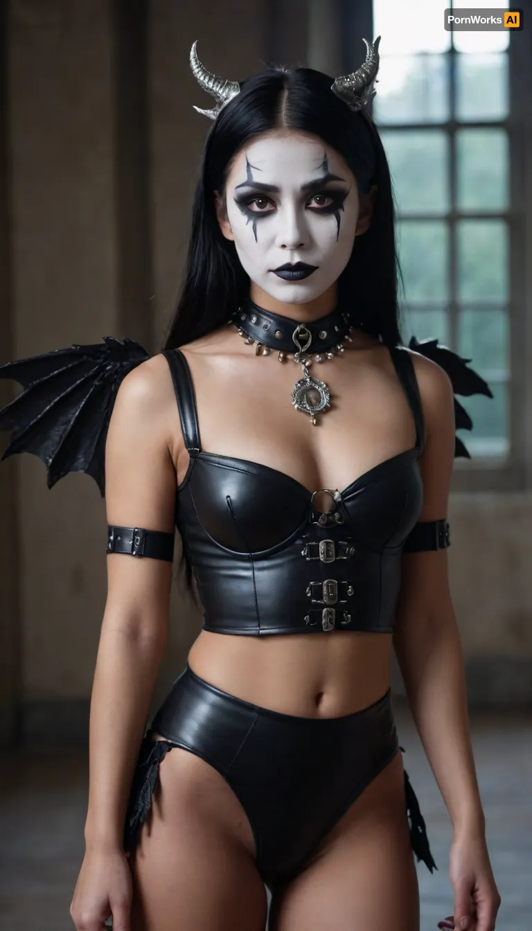 Asian, goth mime, dark skin, very tanned, 19-year-old girl, long black hair, shaved pussy, medium breasts, metal slave collar with ring, mime makeup, dragon wings.