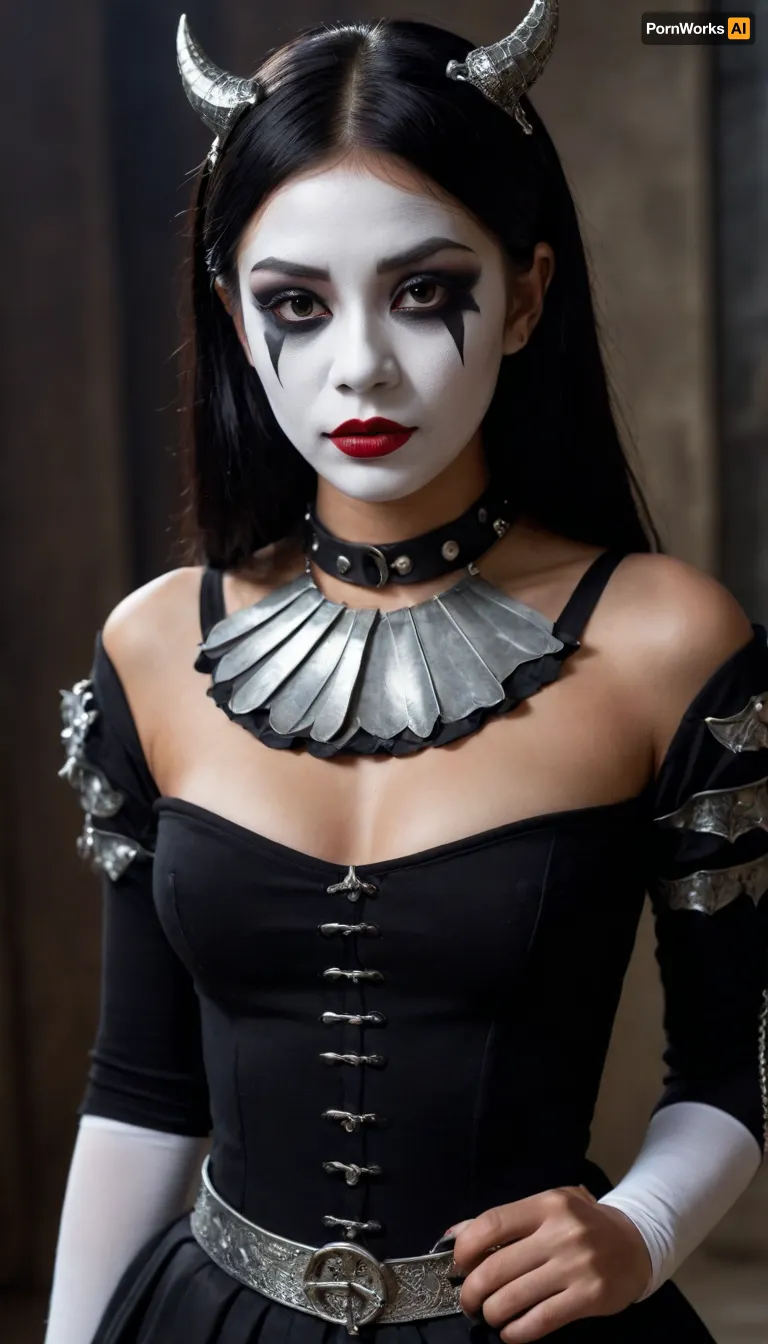 Asian, goth mime, dark skin, very tanned, 19-year-old girl, long black hair, shaved pussy, medium breasts, metal slave collar with ring, mime makeup, dragon wings.