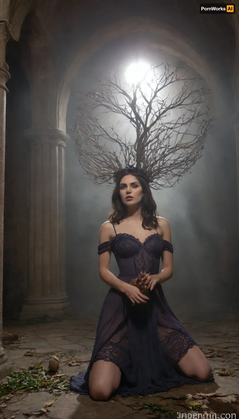 dark fantasy, a 35-year-old brunette with wild short waves, wearing an elaborate black crown of thorns and a dress woven from shadows and dead ivy, kneeling in a cathedral-like cavern filled with giant, glowing mushrooms, offering a small, luminous seed to a unseen entity, cinematic, moody, volumetric fog, intricate details, art by annie leibovitz and tim walker