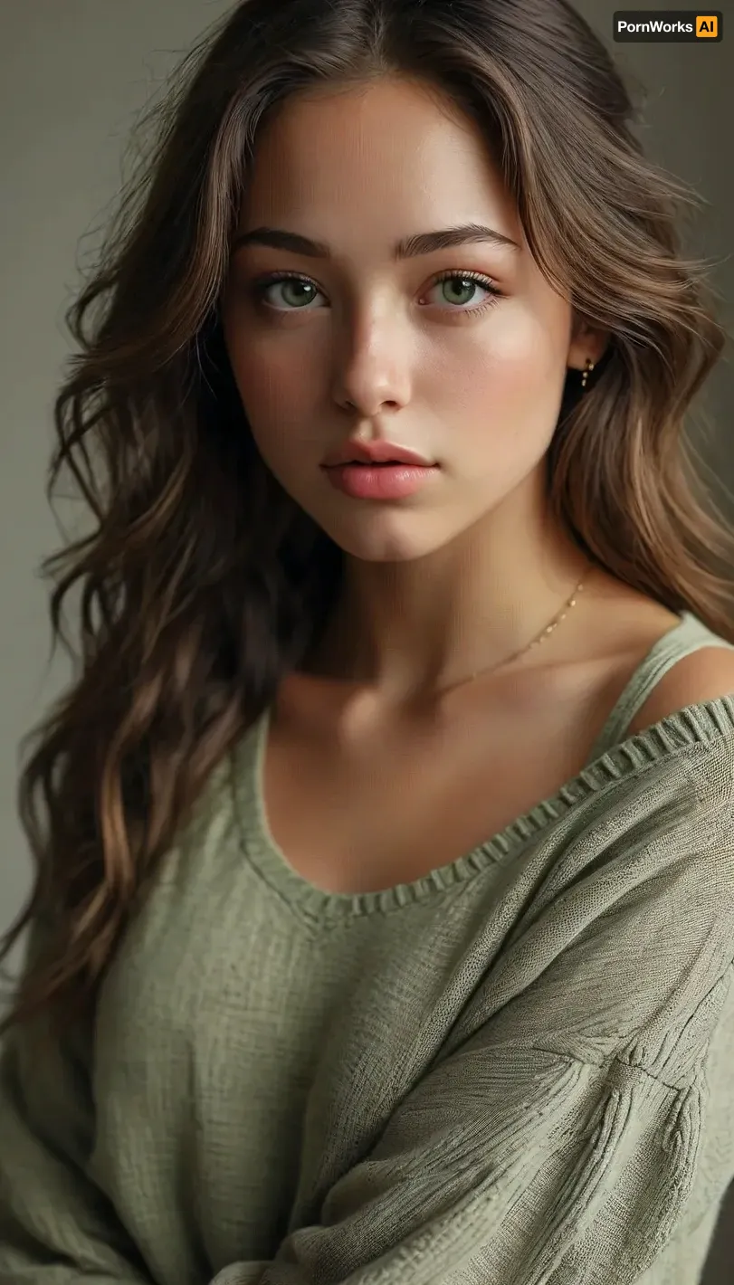 (Elsie Hewitt:1.5), 1girl, navel_piercing, underwear, panties, solo, long_hair, realistic, sweater, piercing, navel, black_hair, (very busty:1.2), indoors, black_panties, looking_at_viewer, grey_sweater, lips, Ultra-realistic portrait of a young woman, striking green eyes, long wavy hair, light olive skin, symmetrical and well-defined facial features, natural and serene expression. Soft warm lighting, neutral or slightly blurred background. High-definition photo, (full body:1.4), realistic skin texture, sharp details in eyes, eyebrows, and lips. Editorial fashion magazine style, ultra-high-quality 8K realism, cinematic depth of field, professional lighting., <lora:MJ52:.8>