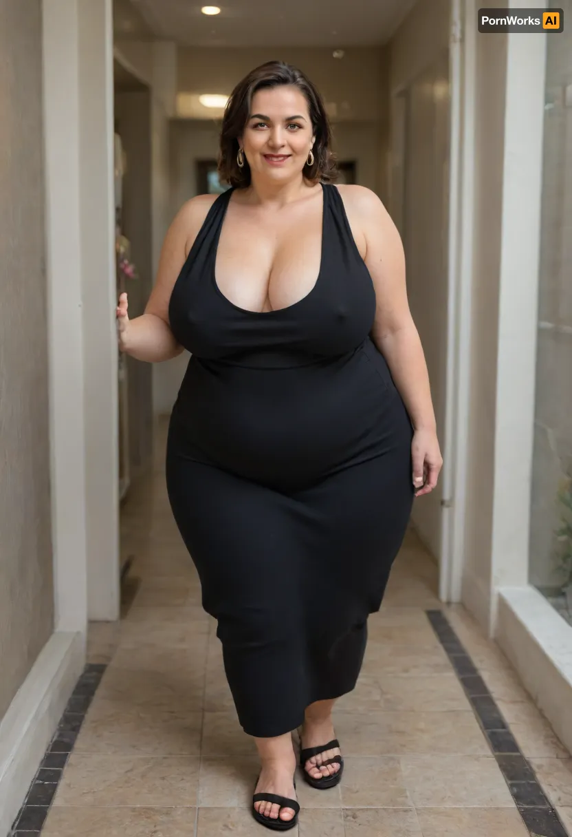 From behind, a full body photo of a full figure bbw brunette gilf, 60 years old, mature, thick, (very obese:1.2), (no bra, covered nipples), big smile, (captivating striking amber eyes:1.3), flirting with viewer, beautiful face, huge ass, ((wearing a sleeveless black dress)), walking, birthday party in her home patio in the USA suburbs, best quality, <lora:nobrav1_SDXL:.8>