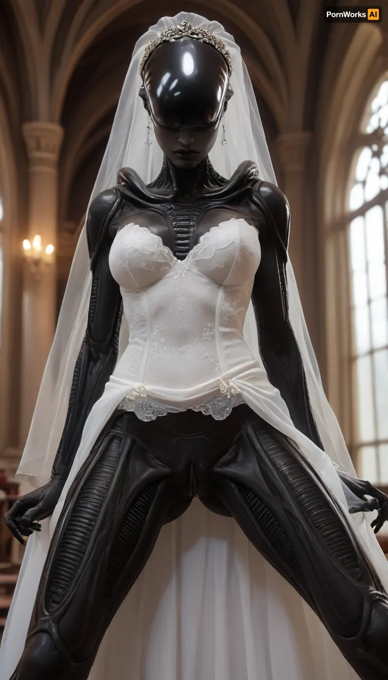 solo female xenomorph, ((female xenomorph black body)), wearing tight_fitting lace wedding dress and wedding veil, wedding dress with a slit in the front revealing a naked pussy, alien tits, alien pussy, <lora:SDXLHighDetail_v6-000005:.5>