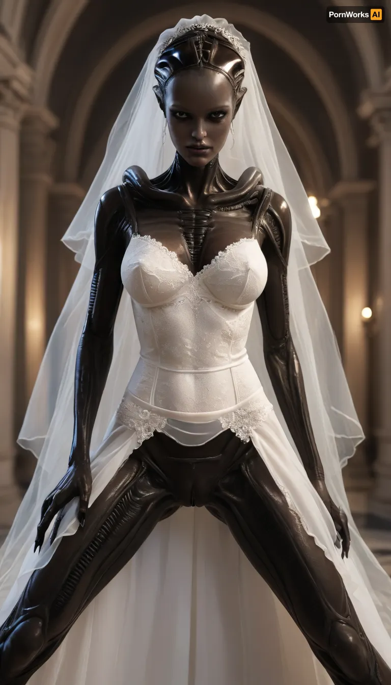 solo female xenomorph, ((female xenomorph black body)), wearing tight_fitting lace wedding dress and wedding veil, wedding dress with a slit in the front revealing a naked pussy, alien tits, alien pussy, oiled alien body, <lora:SDXLHighDetail_v6-000005:.5>
