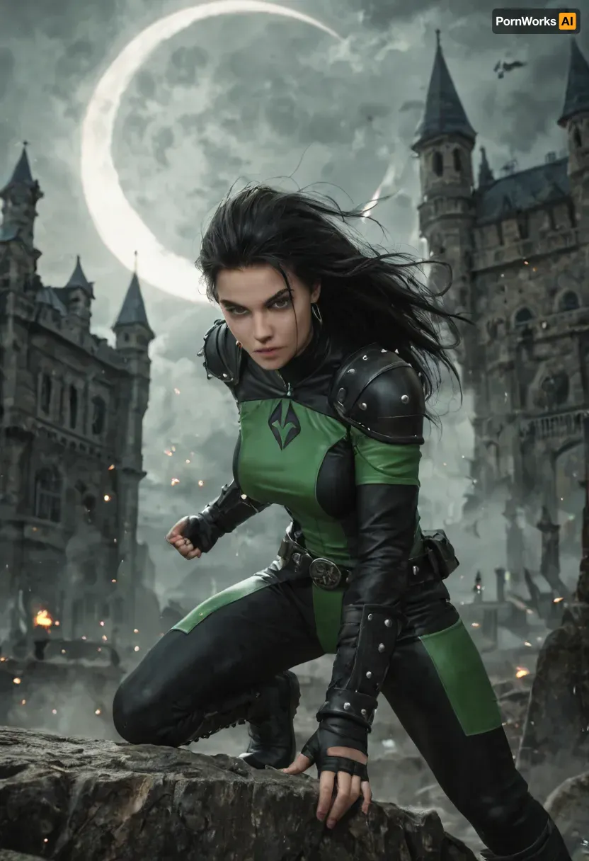 (ultra-detailed, fantasy illustration), plasma monk inspired by Shego, long black hair, green eyes, athletic and agile, large round breasts, dark leather armor with emerald accents, bracers, dragonhide belt, hand wraps glowing faintly, neon-green elemental energy swirling around clenched fists, sparks and embers, perched on a castle rampart under a crescent moon, stormy clouds, distant torches, dramatic rim light, volumetric fog, dynamic composition, painterly brushwork, rich textures, action pose