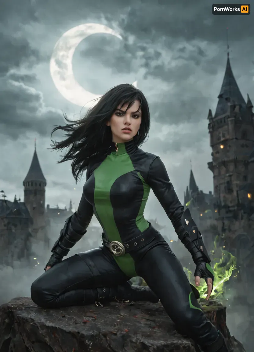 (ultra-detailed, fantasy illustration), plasma monk inspired by Shego, long black hair, green eyes, athletic and agile, large round breasts, dark leather armor with emerald accents, bracers, dragonhide belt, hand wraps glowing faintly, neon-green elemental energy swirling around clenched fists, sparks and embers, perched on a castle rampart under a crescent moon, stormy clouds, distant torches, dramatic rim light, volumetric fog, dynamic composition, painterly brushwork, rich textures, action pose