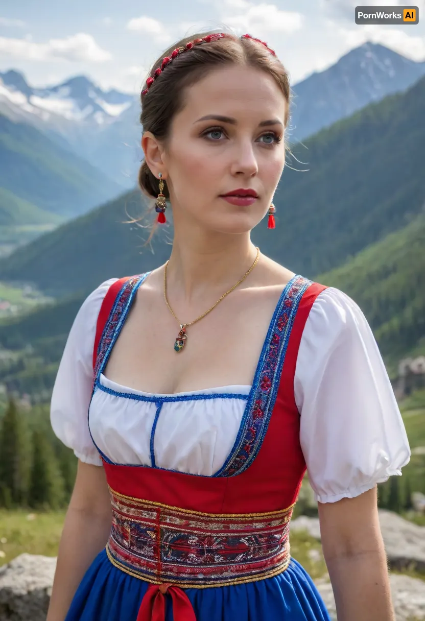 (masterpiece, best quality:1.2), 1 slovak 40 yo woman, famous singer, (she wears a white red and blue Slovak traditional dress:1.4), outdoors in the High Tatras, (short brunette hair, all hair combed back and tied in a very small pigtail, neck hair:1.2), grey eyes, (earrings, golden necklaces:1.2), she stands at a viewpoint and looks into the distance, the viewer sees her diagonally from behind, photorealism, <lora:681678_training_data:.5>