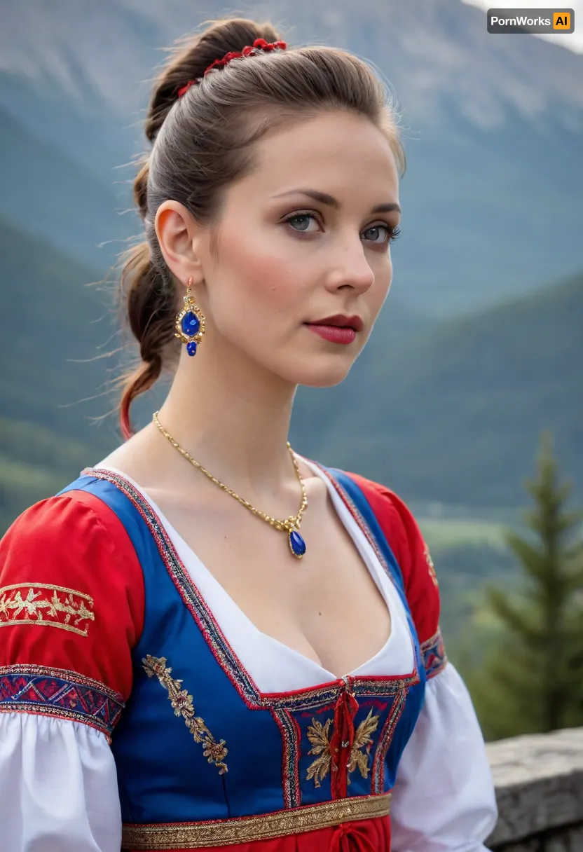 (masterpiece, best quality:1.2), 1 slovak 40 yo woman, famous singer, (she wears a white red and blue Slovak traditional dress:1.4), outdoors in the High Tatras, (short brunette hair, all hair combed back and tied in a very small ponytail, neck hair:1.2), grey eyes, (earrings, golden necklaces:1.2), she stands at a viewpoint and looks into the distance, the viewer sees her diagonally from behind, photorealism, <lora:681678_training_data:.5>