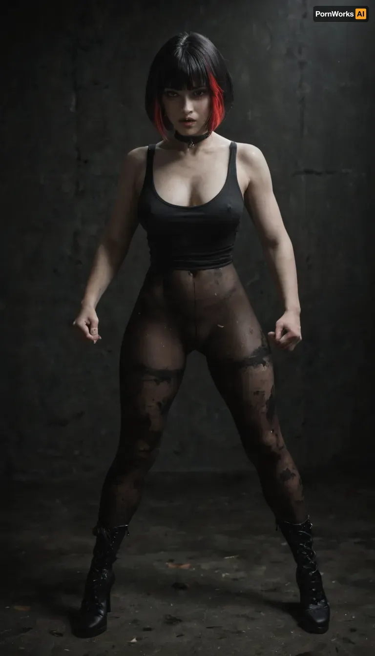 Slender 21yo woman, (bob cut and bangs black hair:1.3), (red highlights), Oval high cheekbone face. Wide jaw., (Pale skin:1.5), with soft features, heavy dark eyeliner and purple lip gloss.

Wide brown eyes, filled with devotion and submission, (Wearing black tank top, dark tight side laced leggings and high heel boots. Also wearing a thick black choker), Submissive body language, (Standing in a dirty dark room), detailed face, detailed hair, detailed body, detailed skin, detailed breasts, detailed pussy, random view angle, action pose, <lora:dark:.8>