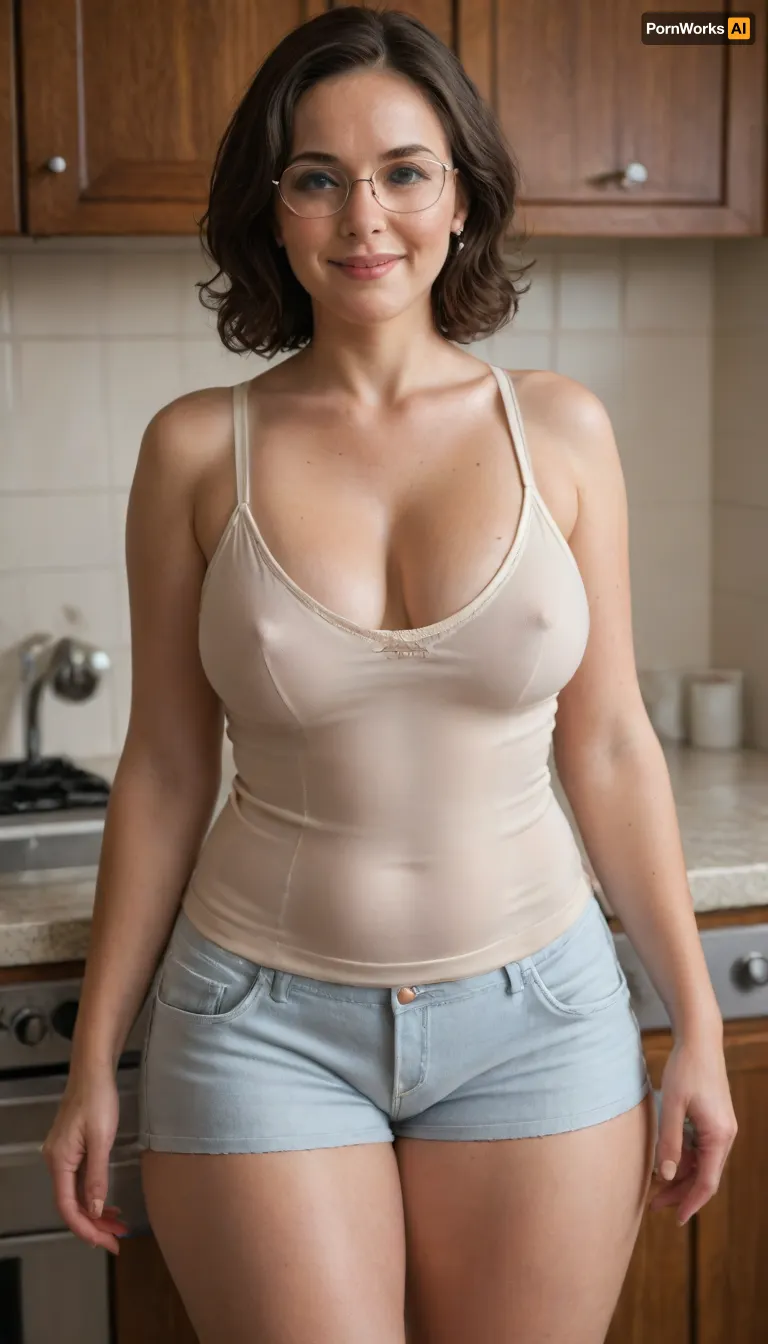 50 year old MILF, brunette, cute smile, rounded head, medium length hair, natural MILF body, charming, European American, wearing eyeglasses, casual, against countertop, she is directly in front of viewer, facing you, non-nude, ((slight curvy body)), feminine, wearing a sleeveless blouse, blouse shows off her sagging cleavage, wearing tight shorts, in kitchen, ((wide hips)), (plump pelvis:1.4), <lora:256210_training_data:.5>, <lora:milkers_v2:.1>