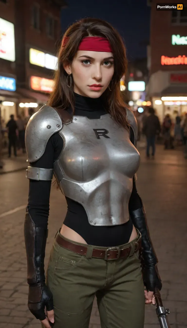 (Masterpice), (HD4K visual), (detailed background), 4K ultra-detailed image, HDR, enhancement, professional photography, precise anatomy, (perfect symmetry, 5 fingers per hand), realistic textures, maximum resolution, sharp focus, NSFW, picture, Jessie Rasberry from Final Fantasy VII with brown hair, a red headband, metal chest armor from the game Final Fantasy VII, green baggy combat pants, metal boots, in a alleyway, at night, neon shop signs lighting, close up, wide shot, incase, style, ratatatat74, ff7, jessie, <lora:287175_training_data:1.4>, <lora:ratatatat74-000050:1.4>, <lora:ff7 jessie:1.4>