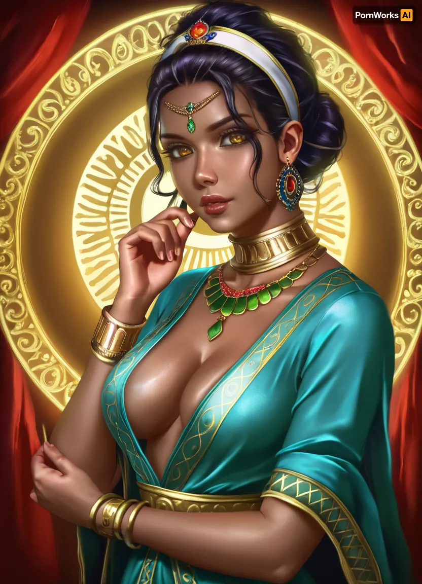 Hentai image in the style of Logan Cure, (best quality, masterpiece:1.2), (photorealism:1.3), highly detailed Indian female dancer, beautiful Indian woman, with large heavy breasts, dark skin, in traditional red lehenga choli, gold embroidery, swirl lehenga, exquisite jewelry, maang tikka, necklace, bracelets, mehndi, graceful poses, dance movements, Kathak dance, precise detailing of dance movements, in an Indian palace of a raja, richly decorated arches, ancient frescoes, exquisite architecture, raja on the throne in the background, symmetrical composition, golden hour, soft diffused lighting, chiaroscuro, deep shadows, rich, warm colors, red, gold, indigo, turquoise, ivory, ochre, atmospheric light, dynamic composition, ultra-high resolution, meticulous attention to detail, complex, high detail, (8k), cinematic lighting, sharp focus, Detailed, hand, Hand, Perfect