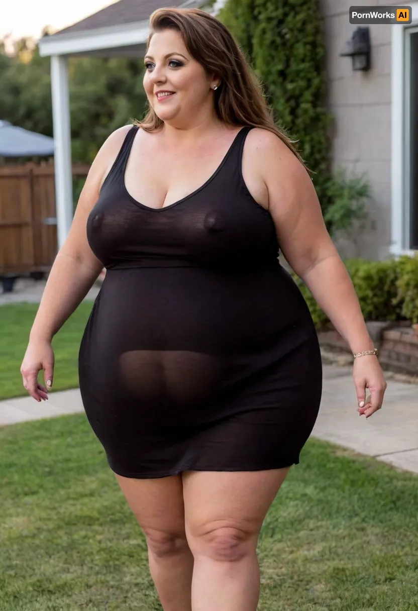 side view From behind, a full body photo of a full figure bbw brunette gilf, 60 years old, mature, thick, (very obese:1.5), (no bra, covered nipples), big smile, (captivating striking amber eyes:1.3), flirting with viewer, beautiful face, huge ass, ((wearing a sleeveless black loose dress)), walking, birthday party in her home patio in the USA suburbs, best quality, sideboob, <lora:nobrav1_SDXL:.8>