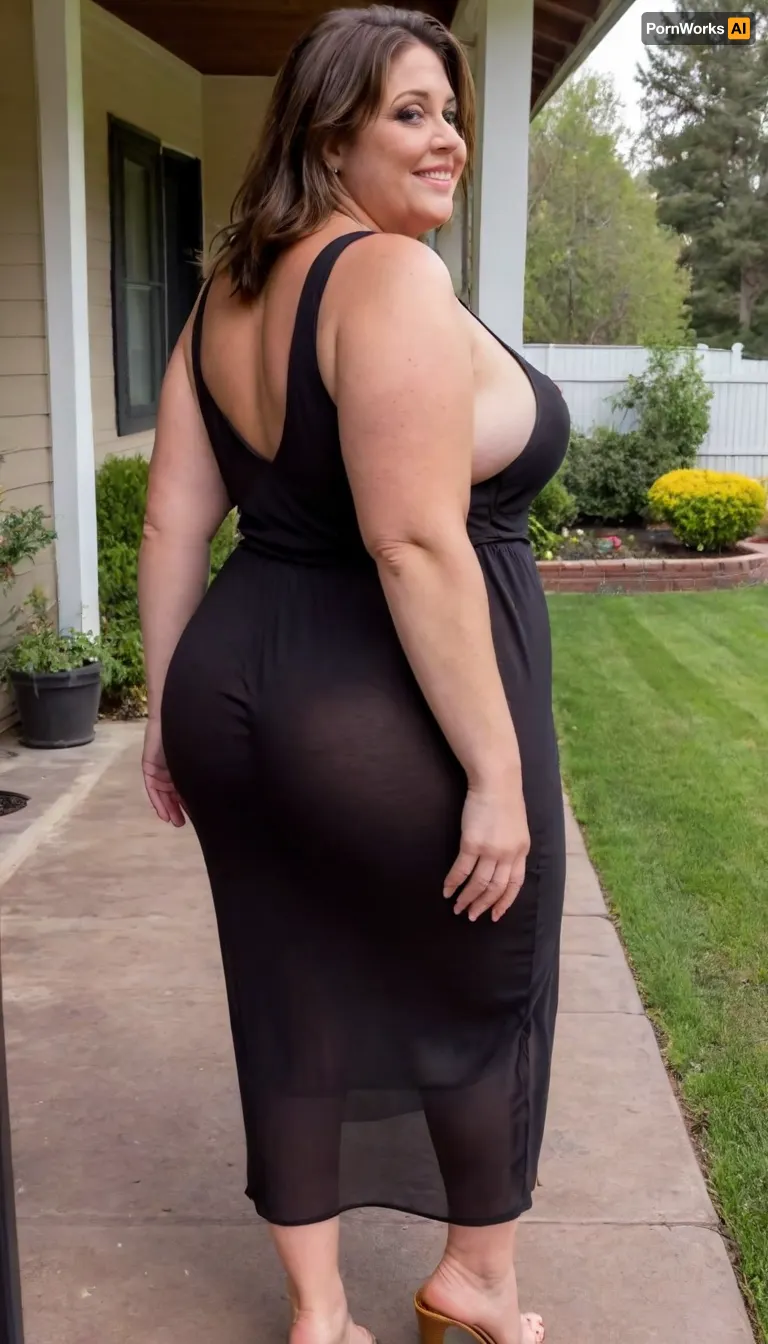 side view From behind, a full body photo of a full figure bbw brunette gilf, 60 years old, mature, thick, (very obese:1.5), (no bra, covered nipples), big smile, (captivating striking amber eyes:1.3), flirting with viewer, beautiful face, huge ass, ((wearing a sleeveless black loose dress)), walking, birthday party in her home patio in the USA suburbs, best quality, sideboob, <lora:nobrav1_SDXL:.8>