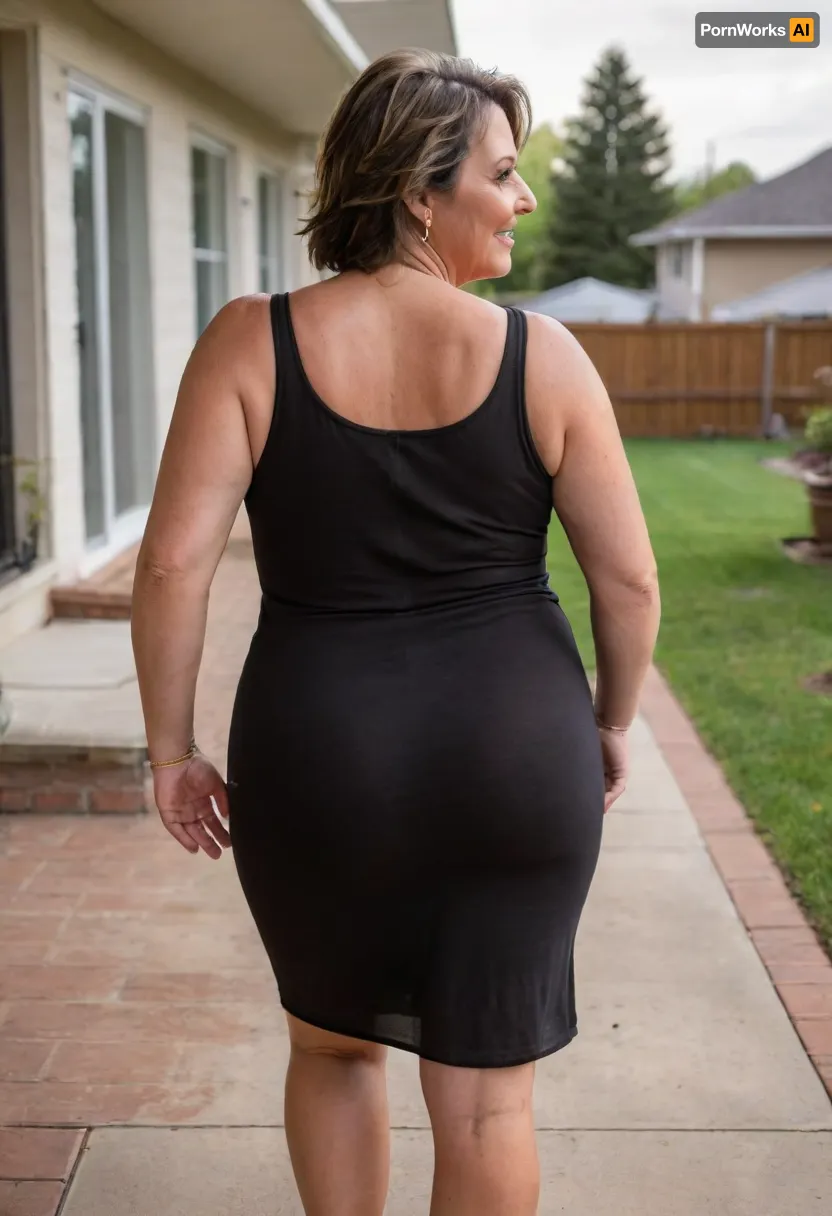 side view From behind, a full body photo of a full figure bbw brunette gilf, 60 years old, mature, thick, (mature:1.5), (no bra, covered nipples), big smile, (captivating striking amber eyes:1.3), flirting with viewer, beautiful face, huge ass, ((wearing a sleeveless black loose dress)), walking, birthday party in her home patio in the USA suburbs, best quality, sideboob, <lora:nobrav1_SDXL:1.3>