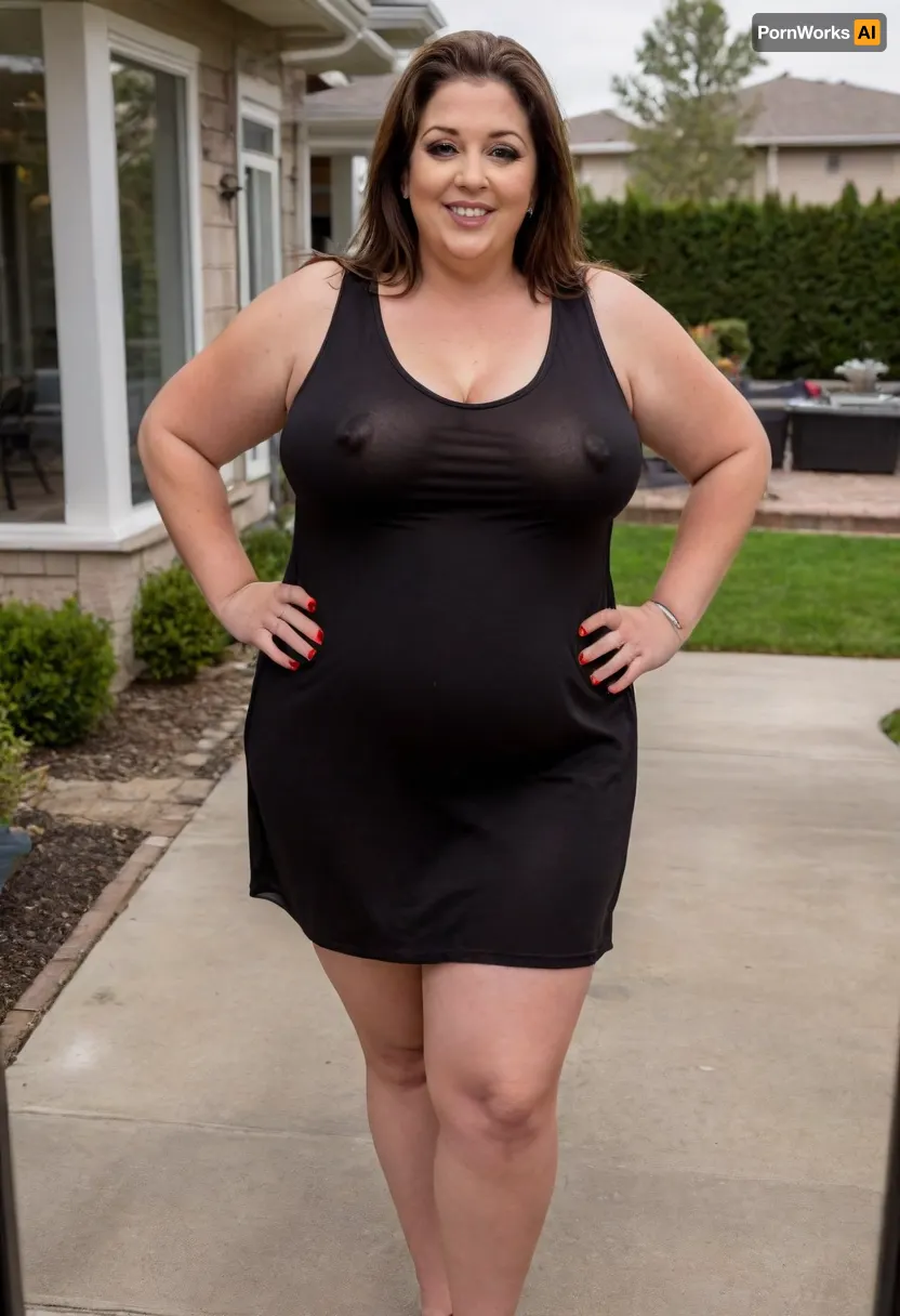 a full body photo of a full figure ssbbw brunette gilf, 60 years old, mature, thick, wide, hips, (obese:1.5), (mature:1.5), (no bra, covered nipples), big smile, (captivating striking amber eyes:1.3), flirting with viewer, beautiful face, huge, waist, ((wearing a sleeveless black loose minidress)), dancing, birthday party in her home patio in the USA suburbs, best quality, <lora:nobrav1_SDXL:.5>