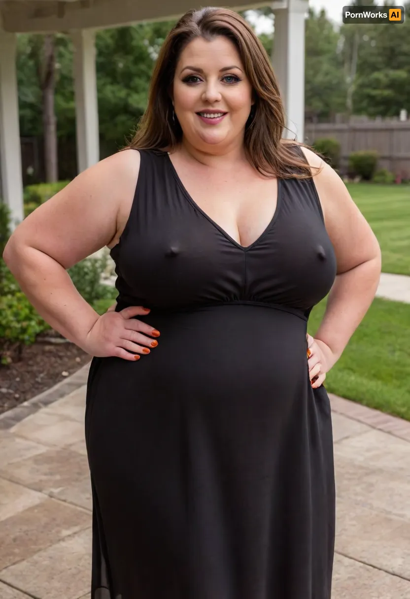 a full body photo of a full figure ssbbw brunette gilf, 60 years old, mature, thick, ((wide hips)), (obese:1.5), (mature:1.5), (no bra, covered nipples), big smile, (captivating striking amber eyes:1.3), flirting with viewer, beautiful face, huge, waist, ((wearing a sleeveless black loose minidress, with plunging neckline)), dancing, birthday party in her home patio in the USA suburbs, best quality, <lora:nobrav1_SDXL:.5>