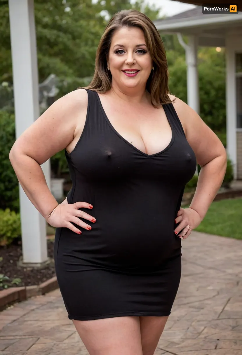 a full body photo of a full figure ssbbw gilf, 60 years old, mature, thick, ((wide hips)), (obese:1.5), (mature:1.5), (no bra, covered nipples, very saggy), big smile, (captivating striking amber eyes:1.3), flirting with viewer, beautiful face, huge, waist, ((wearing a sleeveless black loose minidress, with plunging neckline)), dancing, birthday party in her home patio in the USA suburbs, best quality, <lora:nobrav1_SDXL:.5>