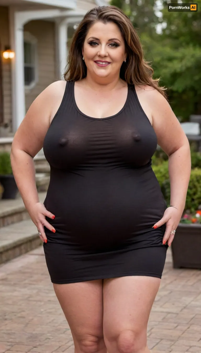 Two women, a full body photo of two full figure ssbbw gilf's, 60 years old, mature, thick, ((wide hips)), (obese:1.5), (mature:1.5), (no bra, covered nipples, very saggy), big smile, (captivating striking amber eyes:1.3), flirting with viewer, beautiful face, huge, waist, ((wearing a sleeveless black loose minidress, with plunging neckline)), dancing, birthday party in her home patio in the USA suburbs, best quality, <lora:nobrav1_SDXL:.5>