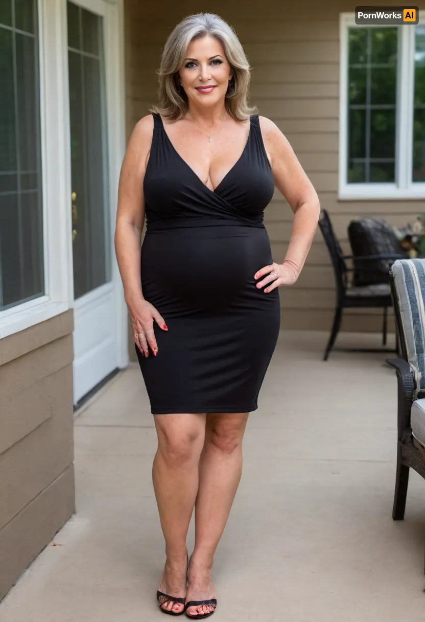 Two gilf's, a full body photo of two full figure ssbbw brunette gilf, s, 60 years old, mature, thick, big hips, (mature:1.5), (no bra, covered nipples), big smile, (captivating striking amber eyes:1.3), flirting with viewer, beautiful face, huge, waist, ((wearing a sleeveless black loose minidress)), plunging neckline, sagging cleavage, birthday party in her home patio in the USA suburbs, best quality