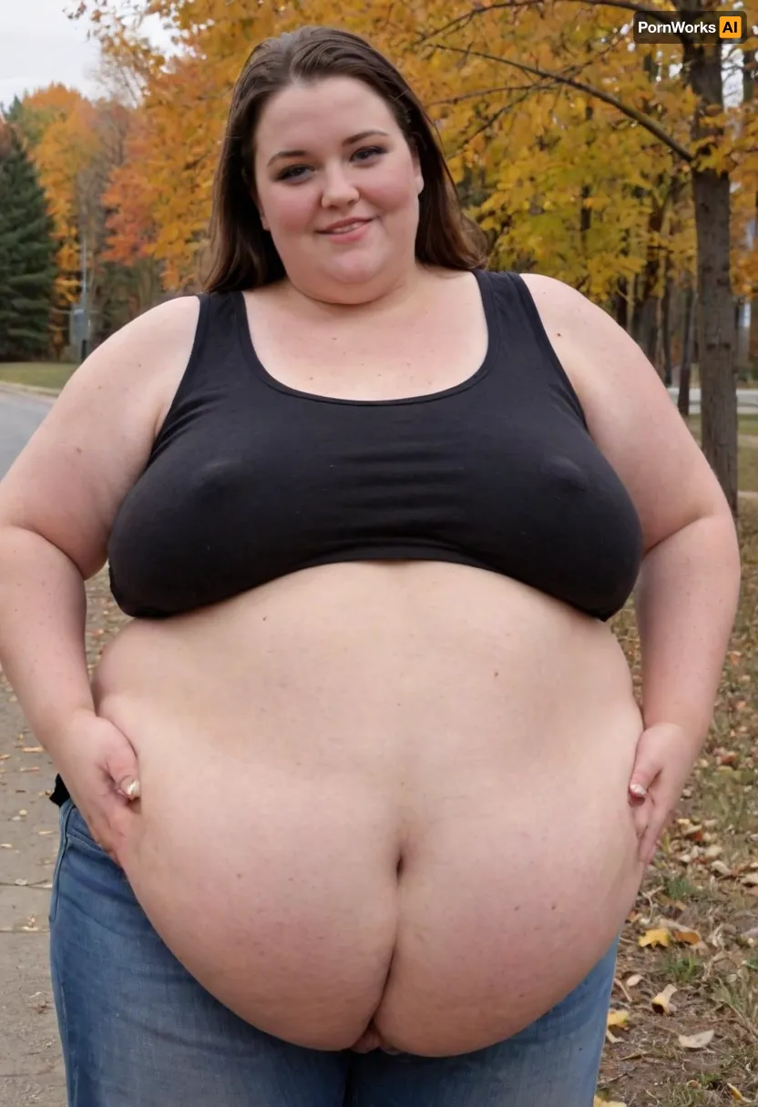 (masterpiece, best quality:1.2), very plus-size 1 girl, (((ssbbw))), ((oversized massive bosom)), 60yo milf, solo, blue jeans, (black tank top, no bra, braless:1.2), pretty eyes, thick brown hair, bright blue eyes, grey in hair, in autumn Canadian landscape, smiling, photorealism, perfect face, portrait, braless, Wearing, clothes, that, make, sense, with, fat bbw, body freckles, sagging belly, shapeless, saggy, (old big breasts, hanging deep, heavy boobs, saggy old boobs, teardrop shaped breasts, erect nipples), highwaist jeans, Braless>, medium breasts, megachubsdxl, morbidly, obese, <lora:bralessSDXL_v1_00022:.5>, <lora:megachubsdxl_13:.3>