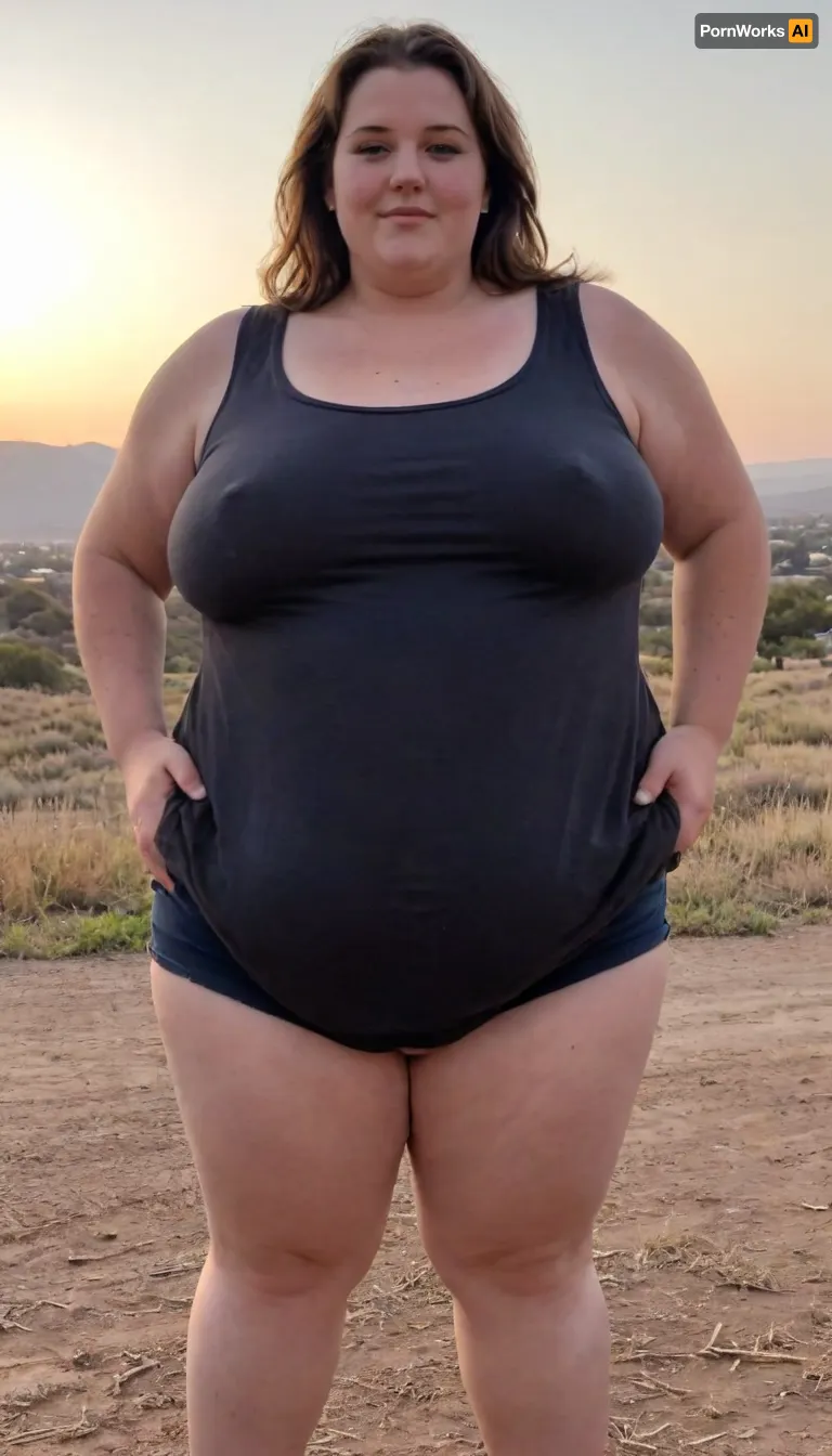 (masterpiece, best quality:1.2), very plus-size 1 girl, (((ssbbw))), ((oversized massive bosom)), 60yo milf, solo, blue jeans, (black tank top, no bra, braless:1.2), pretty eyes, thick brown hair, bright blue eyes, grey in hair, in summer, golden hour, California landscape, smiling, photorealism, perfect face, portrait, braless, Wearing, clothes, that, make, sense, with, fat bbw, body freckles, sagging belly, shapeless, saggy, (old big breasts, hanging deep, heavy boobs, saggy old boobs, teardrop shaped breasts, erect nipples), highwaist jeans, Braless>, medium breasts, megachubsdxl, morbidly, obese, <lora:bralessSDXL_v1_00022:.5>, <lora:megachubsdxl_13:.3>