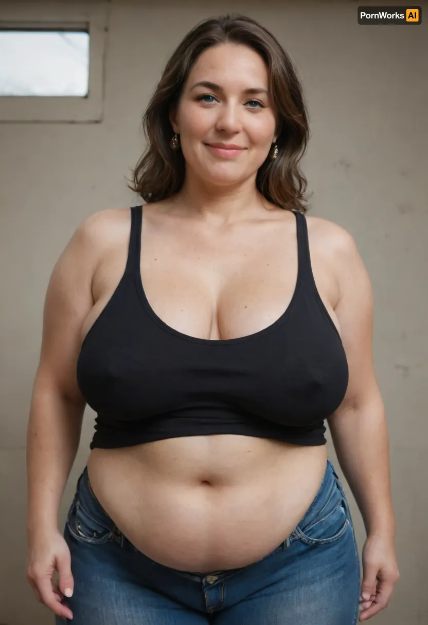 (masterpiece, best quality:1.2), very plus-size 1 girl, (((ssbbw))), ((oversized massive bosom)), (mature:1.5), 60yo milf, solo, blue jeans, (black tank top, no bra, braless:1.2), pretty eyes, thick brown hair, bright blue eyes, grey in hair, in summer, golden hour, California landscape, smiling, photorealism, perfect face, portrait, braless, Wearing, clothes, that, make, sense, with, fat bbw, body wrinkles, sagging belly, shapeless, saggy, (old big breasts, hanging deep, heavy boobs, saggy old boobs, teardrop shaped breasts, covered erect nipples), highwaist pants, Braless>, medium breasts, megachubsdxl, morbidly, obese, <lora:bralessSDXL_v1_00022:.5>, <lora:megachubsdxl_13:.3>