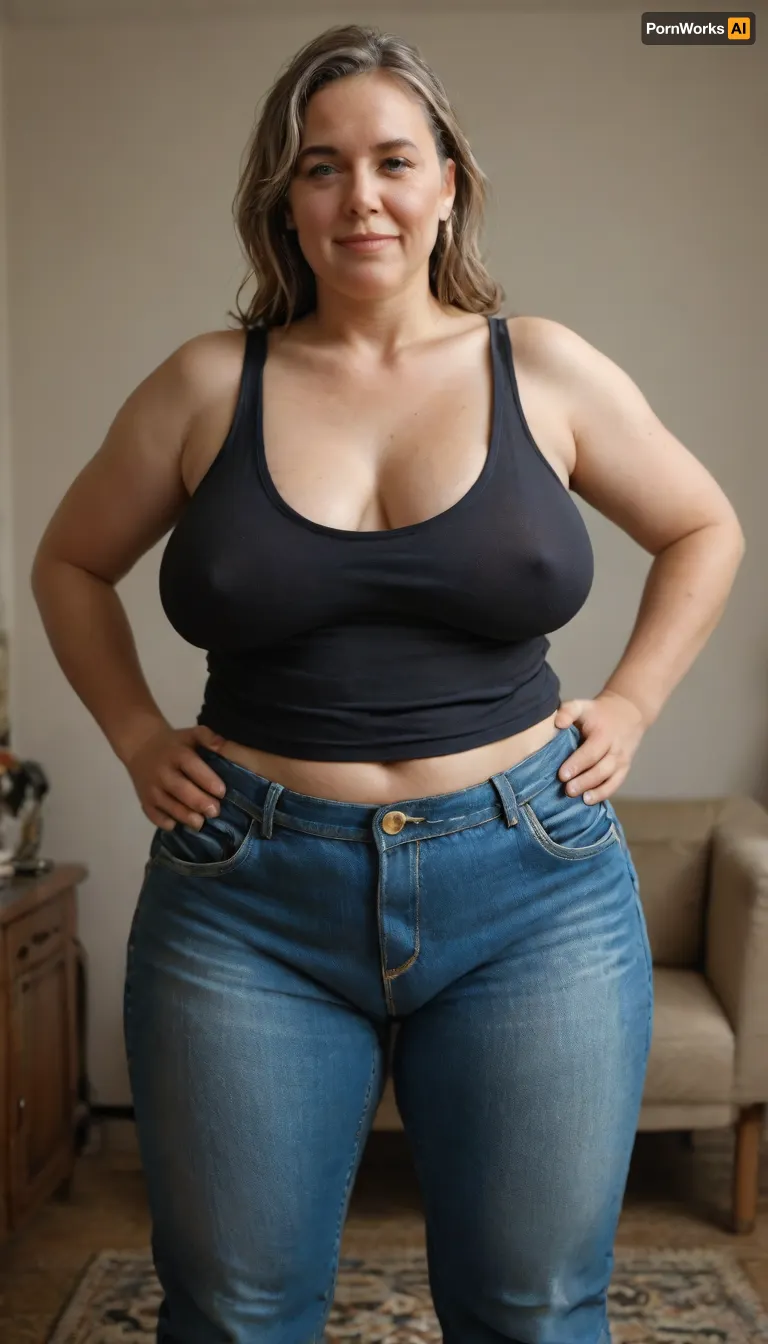 (masterpiece, best quality:1.2), very plus-size 1 girl, (((ssbbw))), ((sagging bosom)), (mature:1.5), 60yo milf, solo, blue jeans, (black tank top, no bra, braless:1.2), pretty eyes, thick light brown hair with highlights, bright blue eyes, grey in hair, smiling, photorealism, perfect face, portrait, braless, Wearing, clothes, that, make, sense, with, fat bbw, body wrinkles, sagging belly, shapeless, saggy, (old breasts, hanging deep, heavy boobs, saggy old boobs, teardrop shaped breasts, covered erect nipples), highwaist blue jeans, Braless>, medium breasts, megachubsdxl, morbidly, obese, <lora:bralessSDXL_v1_00022:.5>, <lora:megachubsdxl_13:.3>, <lora:detailed_notrigger:.8>, <lora:MJ52:.8>