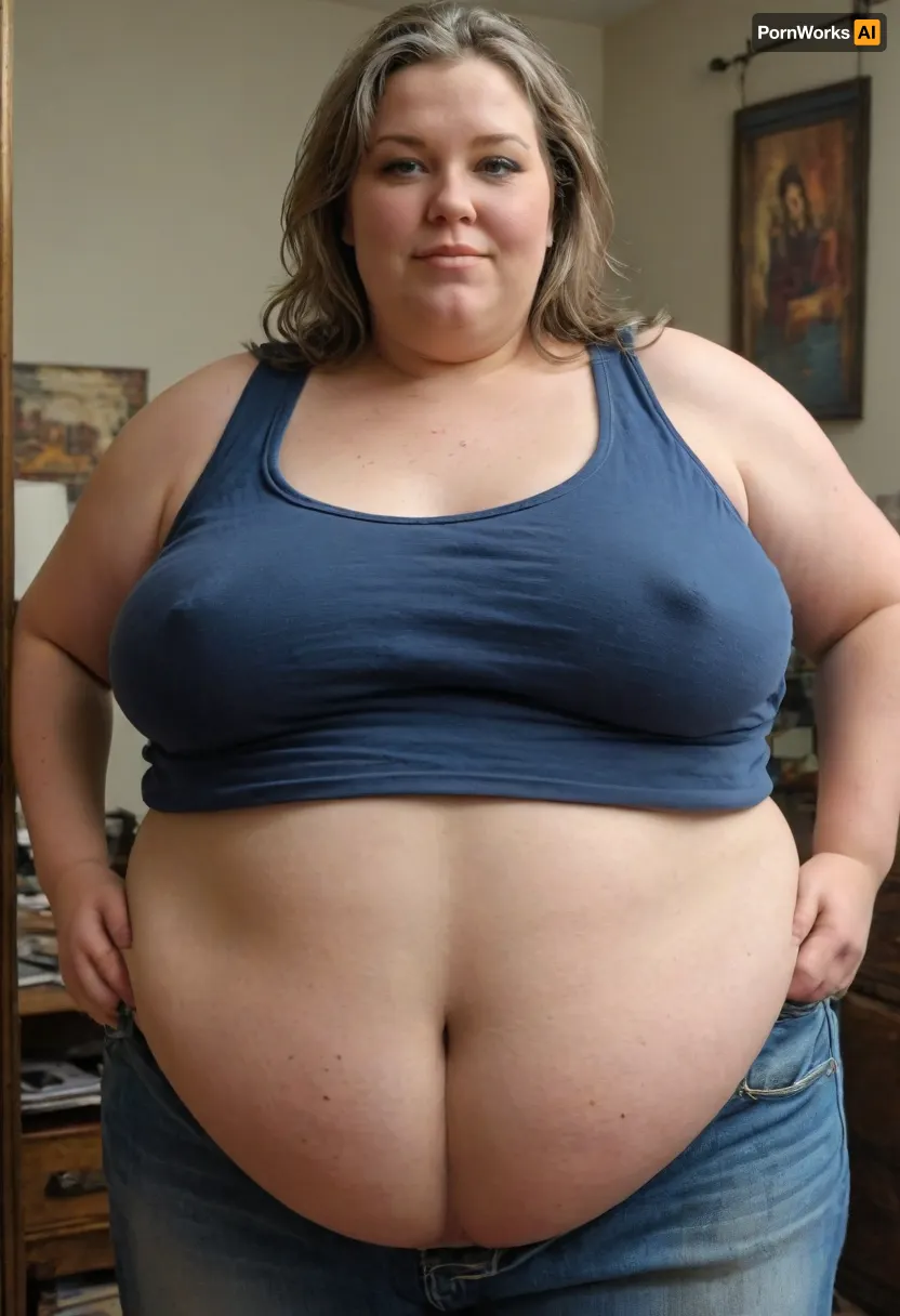 (masterpiece, best quality:1.2), very plus-size 1 girl, (((ssbbw))), ((sagging bosom)), (mature:1.5), 60yo milf, solo, blue jeans, (black tank top, no bra, braless:1.2), pretty eyes, thick light brown hair with highlights, bright blue eyes, grey in hair, smiling, photorealism, perfect face, portrait, braless, Wearing, clothes, that, make, sense, with, fat bbw, body wrinkles, sagging belly, shapeless, saggy, (old breasts, hanging deep, heavy boobs, saggy old boobs, teardrop shaped breasts, covered erect nipples), highwaist blue jeans, Braless>, medium breasts, megachubsdxl, morbidly, obese, <lora:bralessSDXL_v1_00022:.2>, <lora:megachubsdxl_13:.3>, <lora:MJ52:.8>