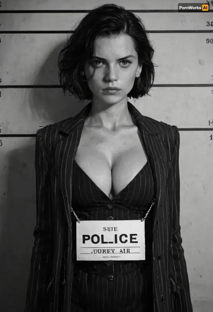 (front view), 1920s curvy female gangster mugshot, standing against a height chart, holding an ID placard, serious expression, bob haircut, pinstripe suit, open coat, cleavage, dramatic lighting, ((black and white 1920s police photograph, film grain, slight blur, soft focus, authentic 1920s texture, historical realism, medium format photo, old film look, subtle scratches, aged paper))