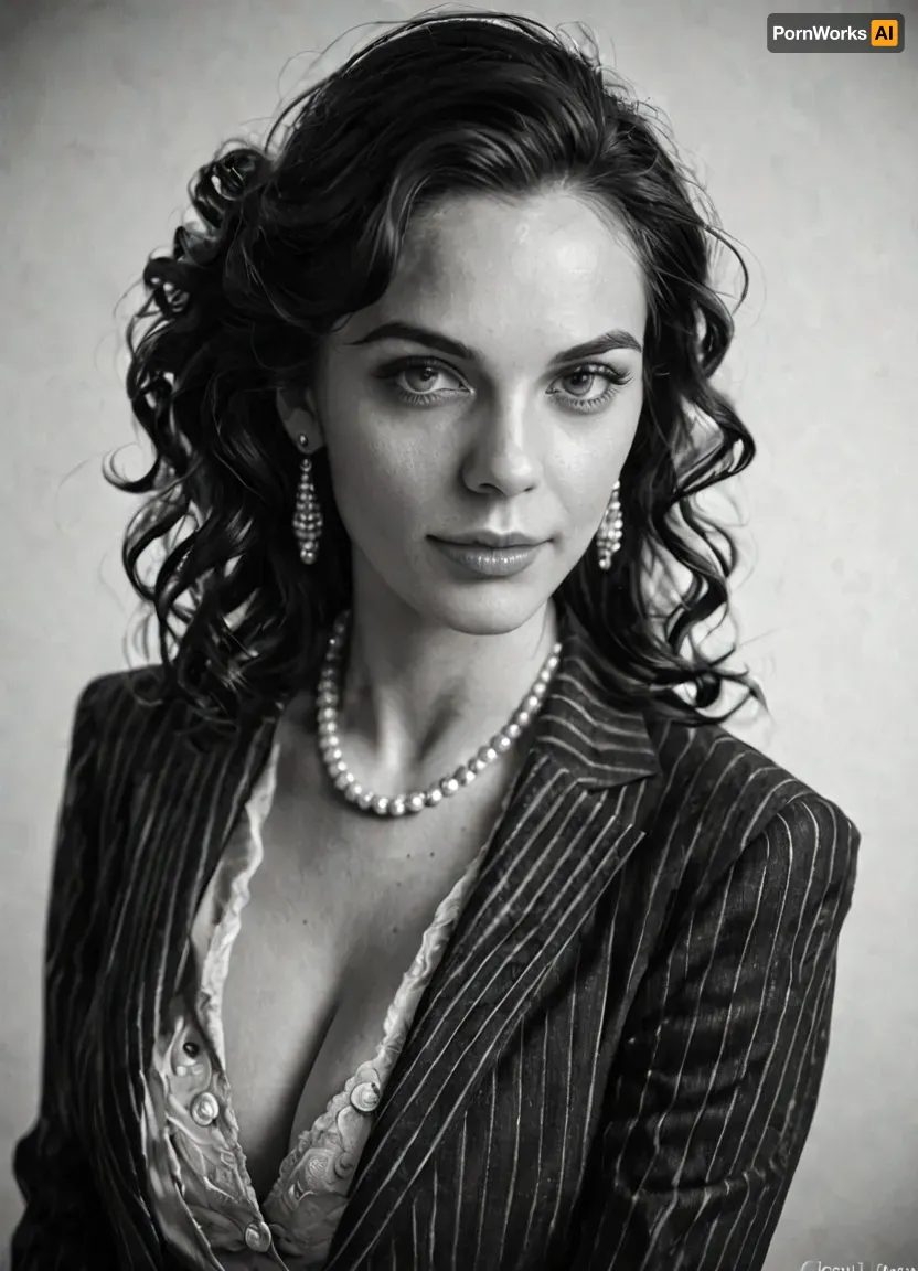 1920s female gangster portrait, elegant pose in an old photo studio, wearing a dark pinstripe suit, open suit jacket, cleavage, elegant haircut, pearl necklace, calm expression, soft lighting, neutral backdrop, black and white vintage photograph, subtle film grain, shallow depth of field, old camera lens softness, realistic lighting, antique photo texture, 1920s realism, classic portrait composition, (sepia tone:.8), (film photography style:1.2), (vintage realism:1.1)