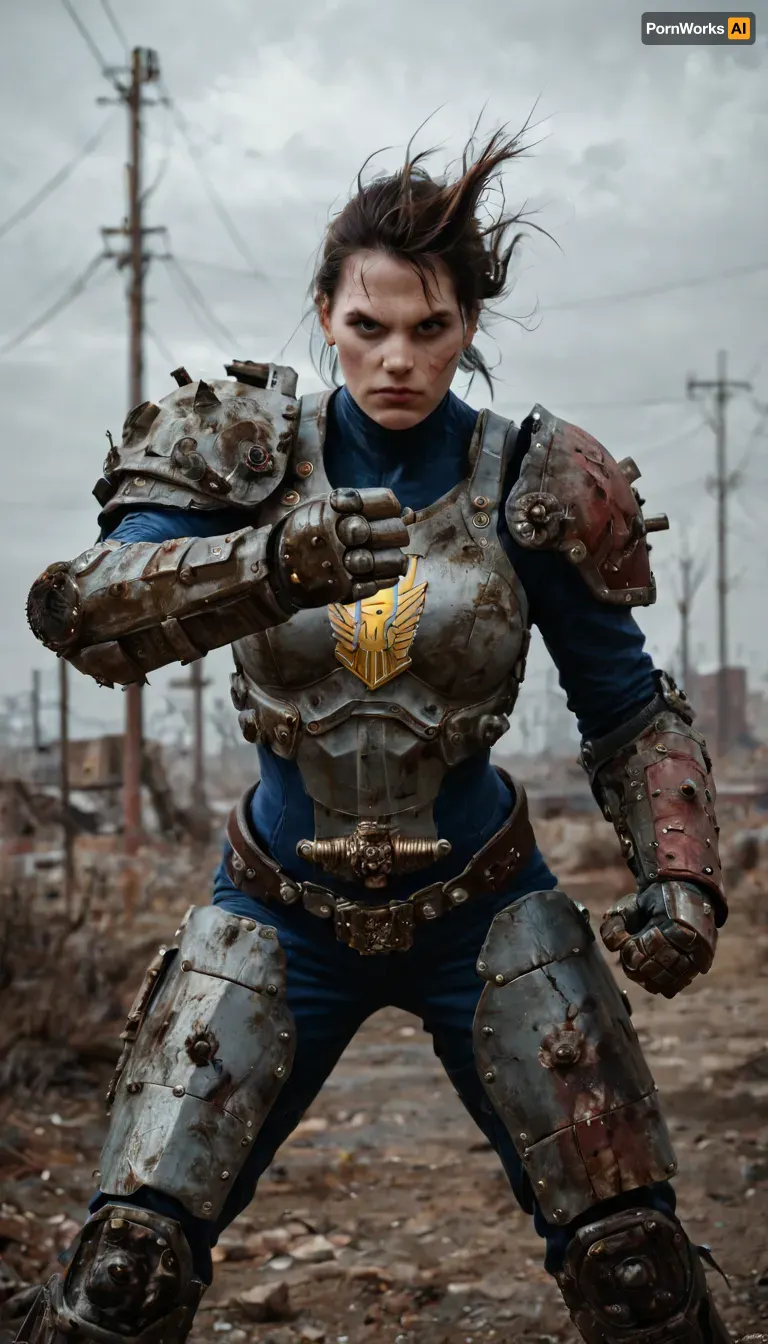 (female post apocalyptic raider in power armor), fallout, fallout game, view from front, solo woman, scarred face, scars, (power armor), wasteland, realistic, highly detailed, high detail hair, thunder storm, dark, action pose, low resolution photo, taken with an early 2000s camera phone, harsh flash, digital noise, compression artifacts, washed-out colors, handheld snapshot, poor lighting, realistic mobile photo aesthetic, (grainy photo:1.2), (mobile photo aesthetic:1)