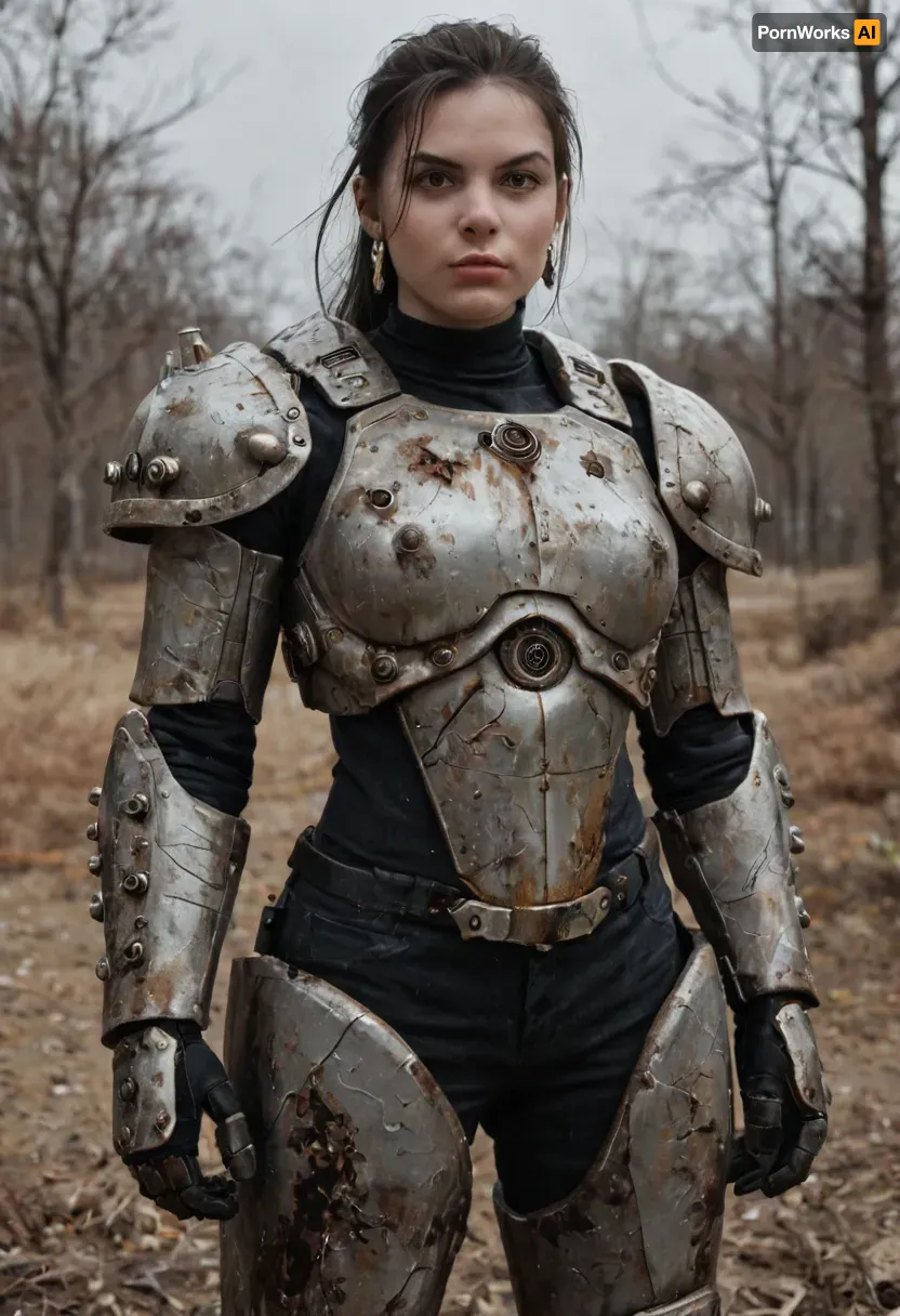 (female post apocalyptic raider in power armor), fallout, fallout game, view from front, solo woman, beautiful scarred face, scars, (power armor:1.3), armor decorated with skulls and scrap metal, wasteland, realistic, highly detailed, high detail hair, action pose, low resolution photo, taken with an early 2000s camera phone, harsh flash, digital noise, compression artifacts, washed-out colors, handheld snapshot, poor lighting, realistic mobile photo aesthetic, (grainy photo:1.2), (mobile photo aesthetic:1)