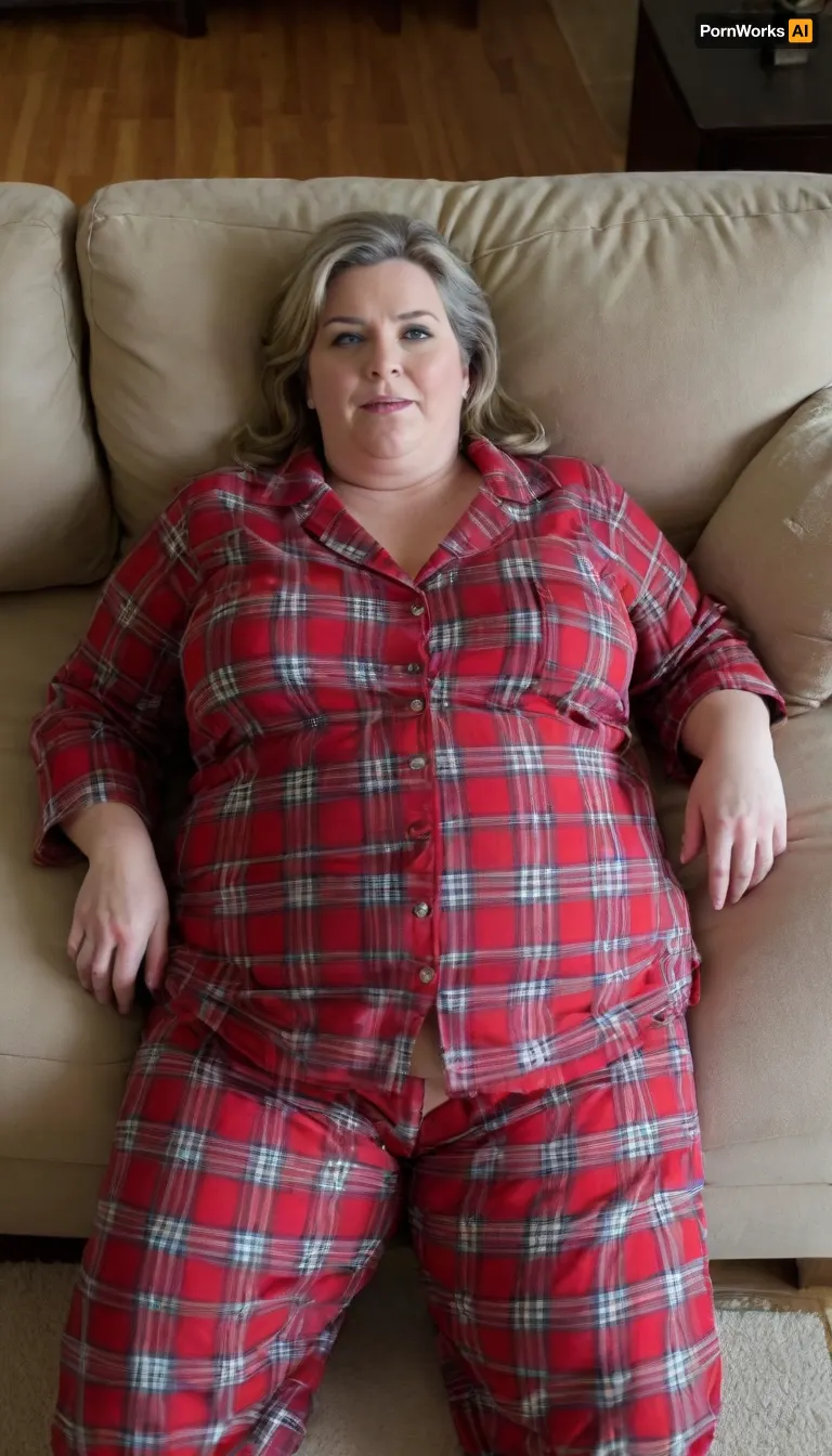 High angle shot, Housewife, married woman, A ssbbw fifty-year-old mature woman, obese, ((wearing red plaid pajamas, pajama pants)), open shirt, mature, female, milf, motherly, in her living room laying on the couch, legs up, depth of field, full body portrait