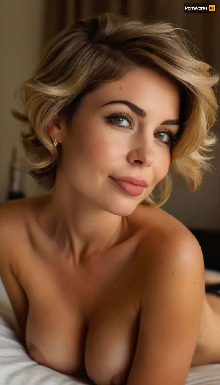 ziprealism, 35yo woman, (avant-garde snapshot esthetic), (rockstar girlfriend, mischievous smirk, playful expression, sensual gaze, playful pose:1.6), (f/2.8, shallow depth of field, layered composition with subtle foreground:1.2), subtle wrinkles on skin, detailed skin with small imperfections, (characteristic nose with subtle freckles, nasolabial folds, high cheekbones:1.1), (medium full shot, low angle view, shot in profile, view from side, focus on nipples, kneeling on bed, leaning forward:1.4), (subtle bokeh:.4), (short chique ash-blonde hair with dark roots, (chique swept-back hairstyle, small hairclips), , , voluminous hair cut in textured layers:1.4), (full lips, soft pillowed lips, larger lower lip, moist lips, slightly parted lips, natural skin texture:1.2), (cozy bedroom), (topless, large natural breasts, teardrop breasts, pale breasts, low sagging breasts, stretched areola, goosebumps on breasts, pale nipples, soft breasts:1.4), (slender and softly curved natural body, slim waist, wide hips, big natural butt), (large expressive eyes, detailed eyes, bold eyeliner, long thick eyelashes, mascara, smokey eyeshadow), igbaddie, <lora:style_lora_realis:.8>, <lora:igbaddie-XL:.4>
