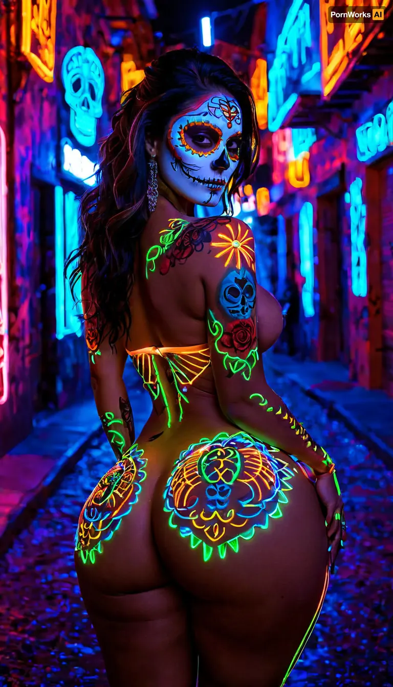 (((View from back))), thick ass, a volouptous milf latina-descent goddess, ((dia de los muertos, Mexican beauty with skull face paints)), with, (((detailed full nude naked body))), massive bust, (neon bodypaint), detailed background, ((full body perfectly formed pose)), in, massive lips, (((thick curves))), (((full body))), smile, perfect eyes, (Looking at viewer), latina skin tone, detailed skin, cinematic, (((a street)), ((detailed nighttime background))), ((depth of field)), (((glowing luminous neon lights:1.5))), (symmetrical eyes), (detailed body), (detailed background), (detailed legs), (detailed fingers), <lora:add-detail-xl:2>, <lora:MJ52:.2>, ass, big, hips, narrow, waist, <lora:BodyLicious:.5>, PENeonUV, blacklight, neon, <lora:PE_NeonUV Style:.8>