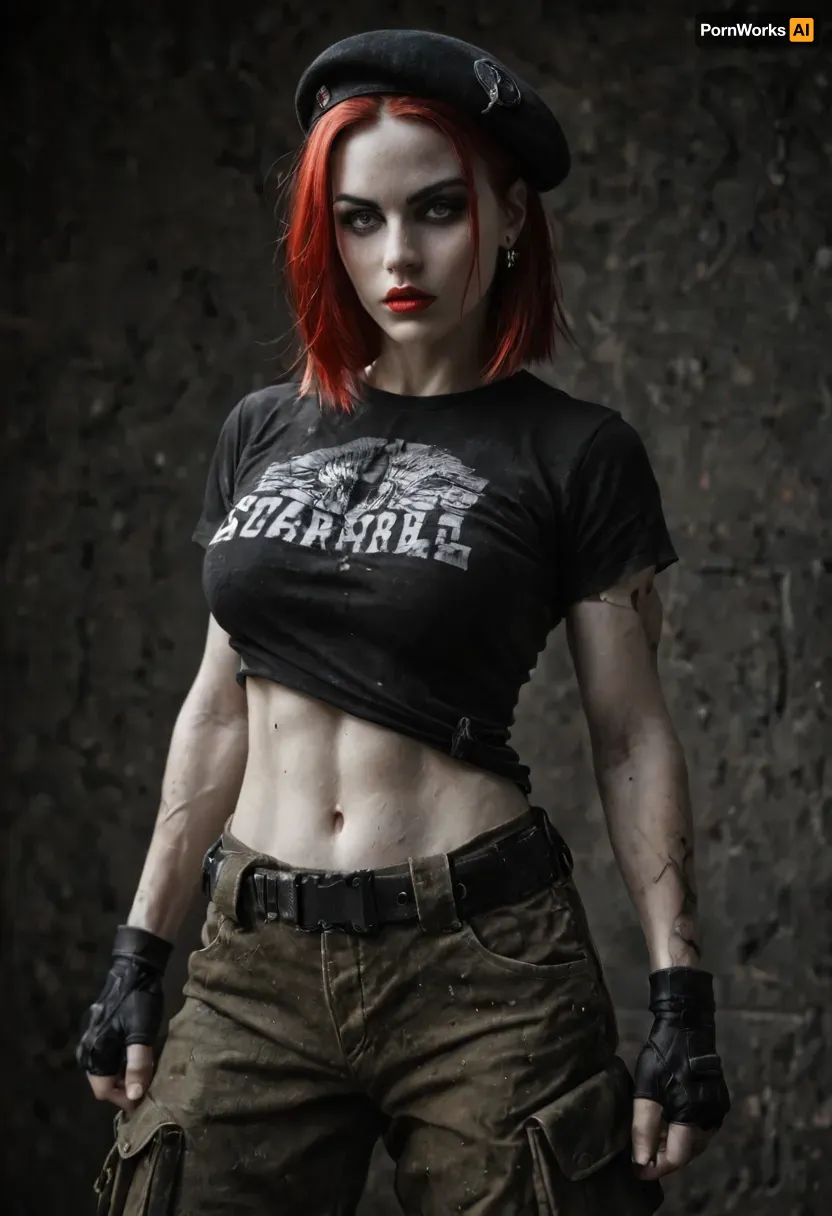 Beautiful strong muscular fit woman, (straight red hair, shoulder length), angular and sharp featured face, full red lips, (Pale skin:1.4), (bright grey eyes, dark eyeliner and eye shadow), (Wearing detailed white t-shirt, dark olive low riding baggy cargo pants and black steel toed heavy combat boots, Also wearing a dark olive beret, and black fingerless gloves), midriff, underboob, (in dark dirty bar), detailed face, detailed hair, detailed body, detailed skin, detailed breasts, detailed pussy, random view angle, action pose, low resolution photo, taken with an early 2000s camera phone, harsh flash, digital noise, compression artifacts, washed-out colors, handheld snapshot, poor lighting, realistic mobile photo aesthetic, (grainy photo:1.2), (mobile photo aesthetic:1), <lora:dark:1>