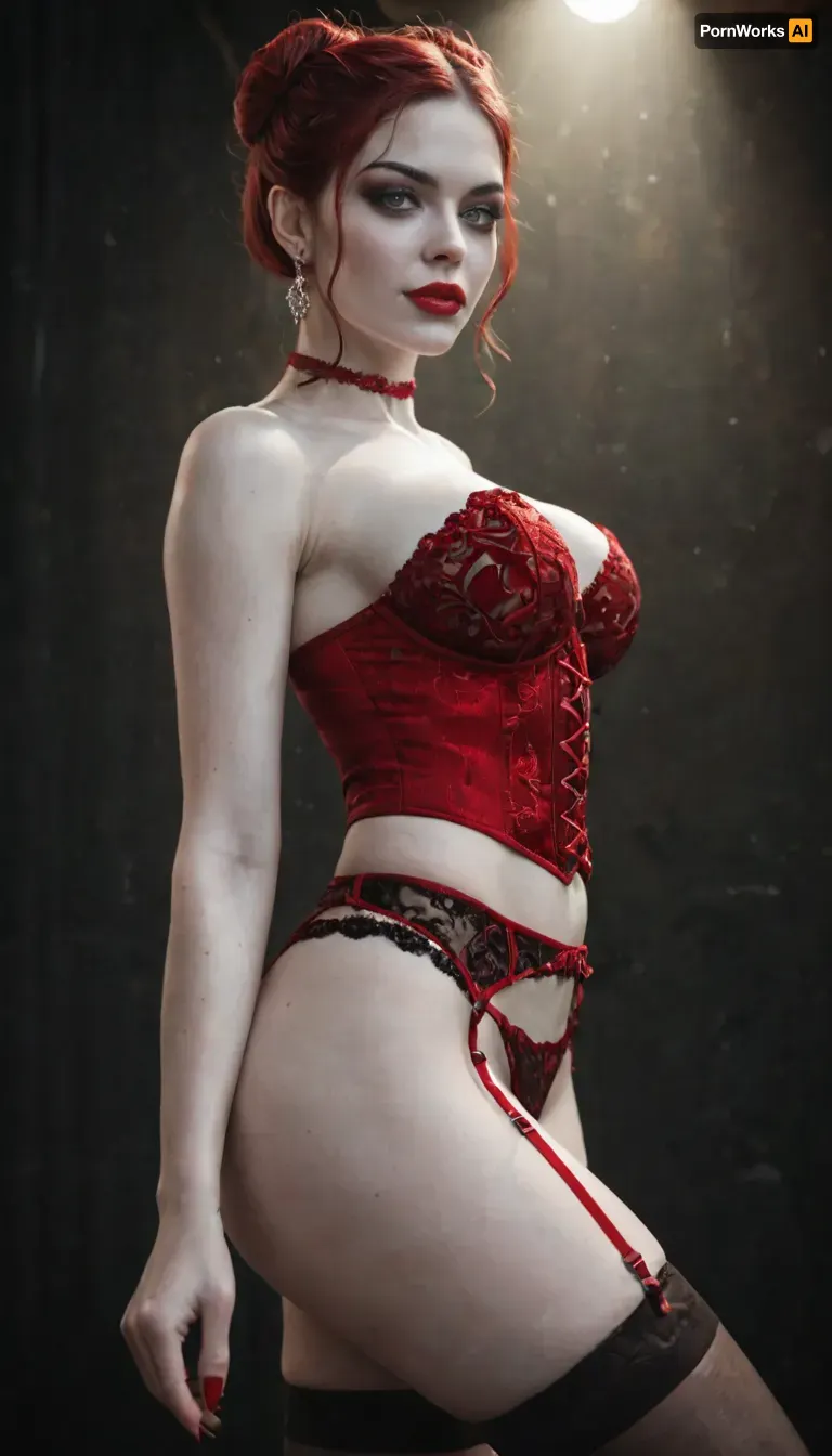 Beautiful slender woman, (Long, deep red hair, elegant bun. Her hair glistens under the soft lighting, accentuating her polished, sensual aura), High cheekbones, full lips, her beauty is refined and theatrical, (red lipstick), (Pale skin:1.6), (bright silver eyes, rimmed with dark eyeliner and smokey eye shadow), (simple silver jewelry), (Wearing detailed black and red lingerie corset, panties, garter belt, stockings and black stiletto heels. Also wearing a thick red choker), flirting body language and expression, (in strip club), detailed face, detailed hair, detailed body, detailed skin, detailed breasts, detailed pussy, random view angle, random pose