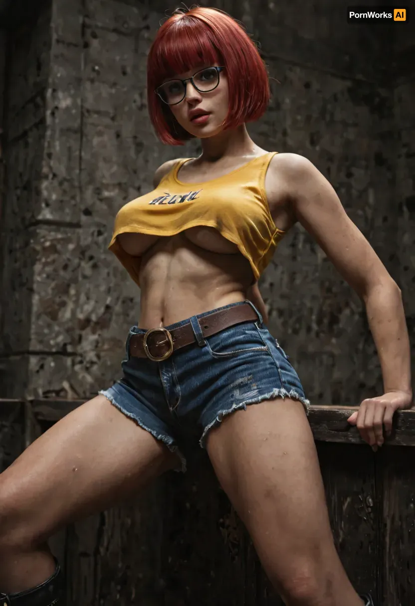 Slender 21yo woman, (bob cut and bangs red hair:1.3), Oval high cheekbone face. Wide jaw., (Pale skin:1), with soft features, light eyeliner and lip gloss, Wide brown eyes, filled with devotion and submission, (Wearing detailed yellow underboob tank top, very very tiny dark blue tight low waist cutoff booty shorts with a brown belt, and dark gray high heeled boots. Also wearing thick black rims rectangle glasses), Submissive body language and pose, (in a dirty dark motel room), detailed face, detailed hair, detailed body, detailed skin, detailed breasts, detailed pussy, random view angle, action pose, pubic hair, (natural breasts), <lora:dark:.8>