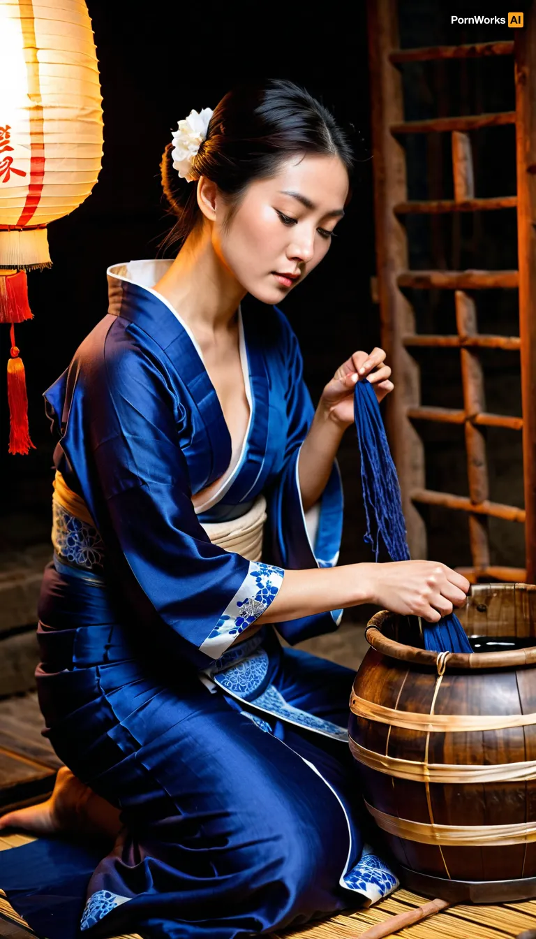 (young Japanese female artisan:1.1), (kneeling, traditional posture:1.5), blue satin kimono, white patterns on kimono, (kimono with open neckline:1.5), (modest neckline), obi sash, (dark hair tied up), (white flower in hair:1.1), (delicate makeup), looking down, (hands immersed in the process), dyeing silk fabric indigo, wooden barrel with indigo dye, (craft production:1.1), (illuminated paper lantern:1.2), red brushes, Japanese inscriptions, hieroglyphs, wooden partition in the background, traditional Japanese setting, bamboo mat, (atmospheric lighting), (soft light from a lantern:1.1), side lighting, warm tones, (dark background:1.2), (deep shadows), (cinematic light:1.3), (realistic photography:1.2), (detailed textures:1.1), (high resolution:1.1), (photo contest quality), (best quality), (masterpiece), 8k, photorealistic, ultra-detailed