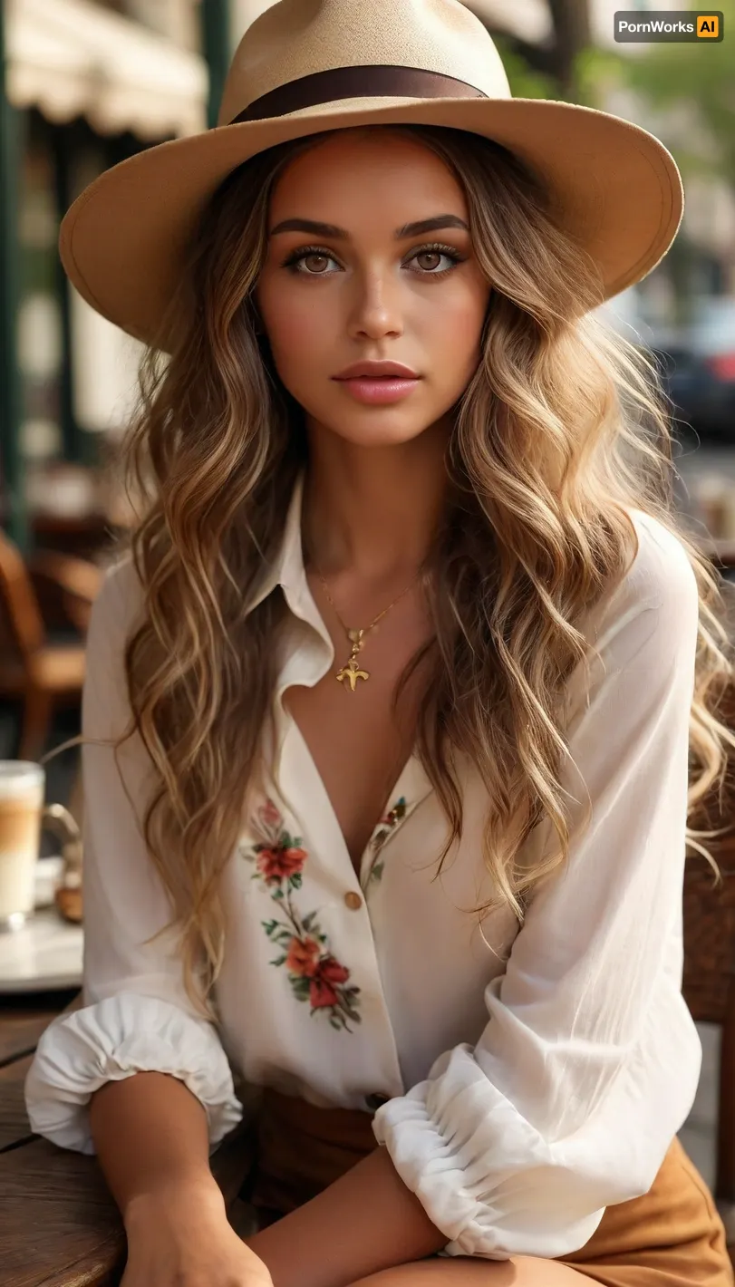 Outdoor cafe in Paris, Beautiful, 26 year old brazilian supermodel, 1.76 meters tall, sitting crosslegged at a cafe table, (dark tan:1.3), bronze skin, (super long blonde wavy hair with brown highlights:1.4), detailed brown eyes, (professional make up job, eyeliner, blush, mascara), long eyelashes, (high cheek bones:1.4), perfect nose, (full pouty lips:1.2), ((White Wide Brim Flat Panama Hat Feather Bowknot Wool Fedora Hat)), (((Tailored Pantsuit With Floral Lapel Detail:1.3))), firm 34c cup breasts, tight small ass, long shapely legs, long feminine arms, shaved pussy, smooth skin, pefect eyes, perfect teeth, painted fingernails, perfectly proportioned, highly detailed body and face, sitting having some morning coffee, sunny morning, several people in the scene, highly detailed background, supermodel, face, big, lips, <lora:MJ52:2>, <lora:Beautify-Supermodel-SDXL:2>