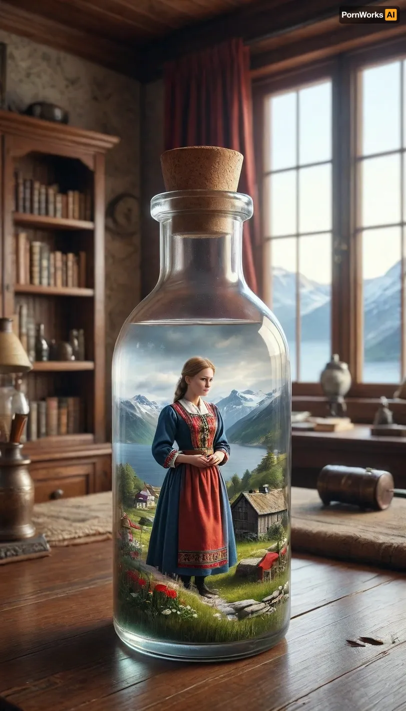(one woman inside a bottle), desk, Traditional norway dress, <lora:ais-bttl-sdxl:2>
