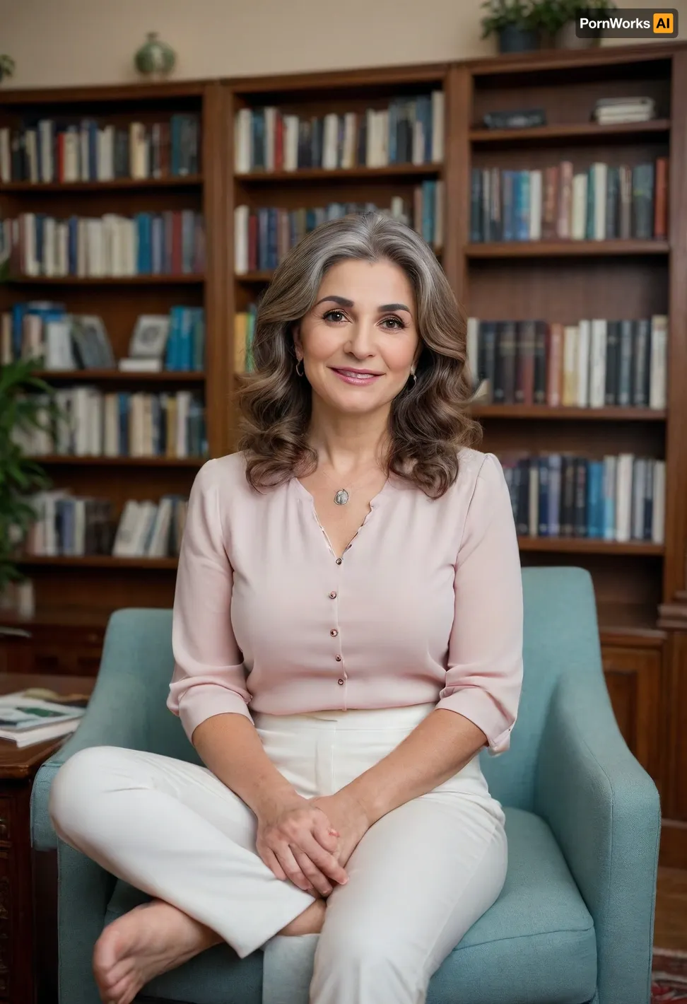 A busty, attractive Armenian psychologist, mature, 60 years old, gilf, dressed professionally in a modest yet elegant blouse and tailored pants that accentuate her curves. She is seated in a comfortable, well-lit office, adorned with cultural artifacts and soothing pastel colors that reflect her Armenian heritage. Her office is equipped with a large, mahogany desk, a plush chair for patients, and a cozy sofa where she sits, with a warm smile on her face and her arms raised gracefully above her ample chest. Behind her, diplomas and certificates from prestigious institutions line the walls, establishing her expertise and qualifications. She has a pen in hand, ready to jot down notes, and her attentive gaze is focused on the camera, offering a sense of empathy and understanding to the viewer. The room is filled with an aura of calmness and intellectualism, with bookshelves packed with psychology texts and journals, and a small potted plant adding a touch of nature to the environment. The psychologist's hair is styled in loose waves that frame her glowing complexion, and she wears minimal makeup, allowing her natural beauty to shine through. The composition is carefully balanced, with her figure as the central focus, conveying both her professionalism and approachability in a way that is respectful and captivating. Her body is very full figured with ample wide hips