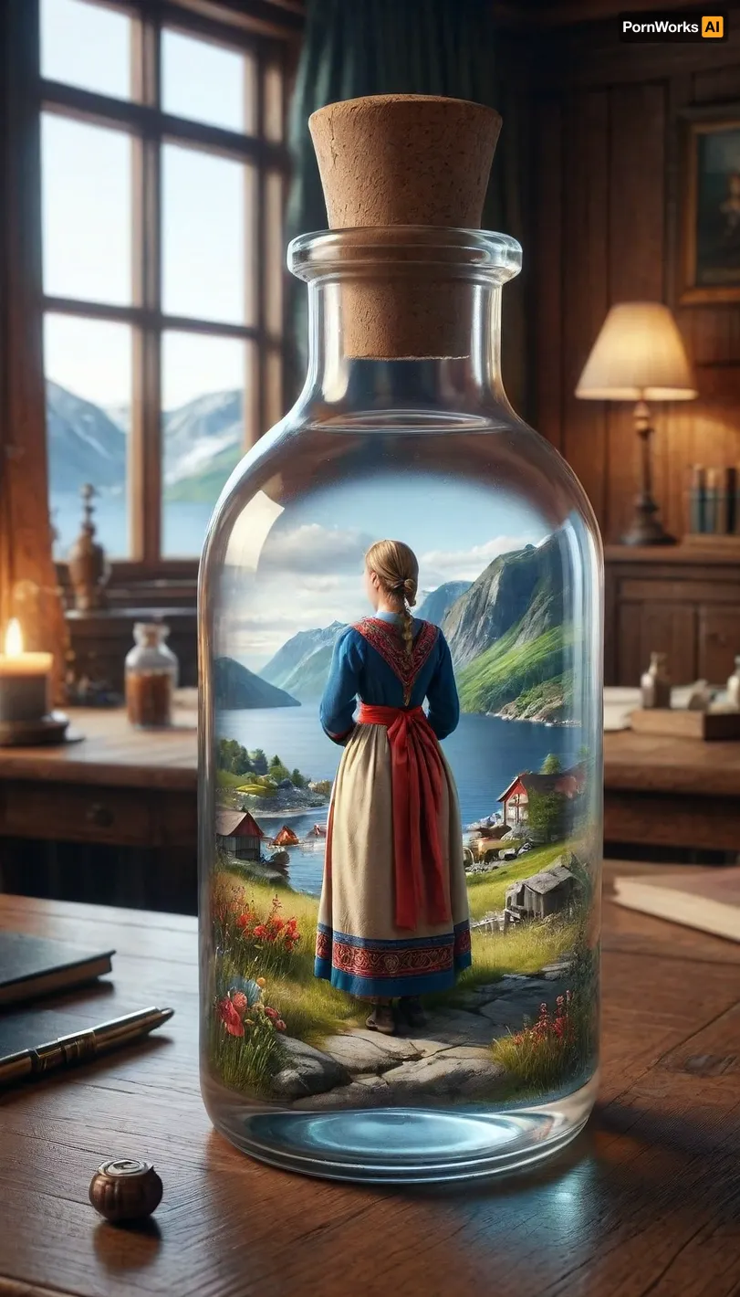 (one woman inside a bottle), desk, Traditional norway dress, <lora:ais-bttl-sdxl:2>