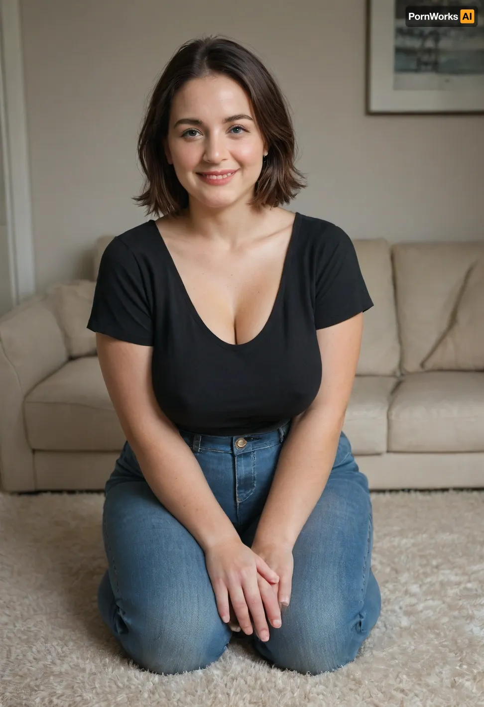 Very Obese 60 year old mature woman, (captivating eyes), sitting on a couch, in a living room, (small, not tall), (wide hips), big hips, brunette hair with gray roots, chubby round face, big smile, (capturing full body, happy expression), best quality, photorealism, masterpiece, tight highwaist blue jeans, lowcut v-neck black t-shirt tucked in, sagging, FUPA, braless, downblouse, nipslip, <lora:RealDownblouseXL2:.6>