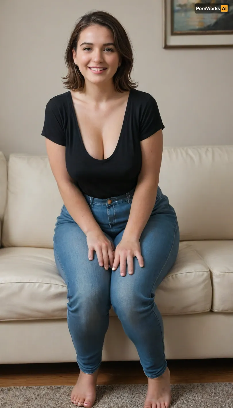 Very Obese 60 year old mature woman, bbw, (captivating green eyes), sitting on a couch, in a living room, (short body), (wide hips), big hips, brunette hair with gray roots, chubby round face, big smile, (capturing full body, happy expression), best quality, photorealism, masterpiece, tight highwaist blue jeans, lowcut v-neck black t-shirt tucked in, sagging, FUPA, downblouse, nipslip, braless, Wearing, clothes, that, make, sense, with, Braless>, <lora:RealDownblouseXL2:.6>, <lora:bralessSDXL_v1_00022:.4>