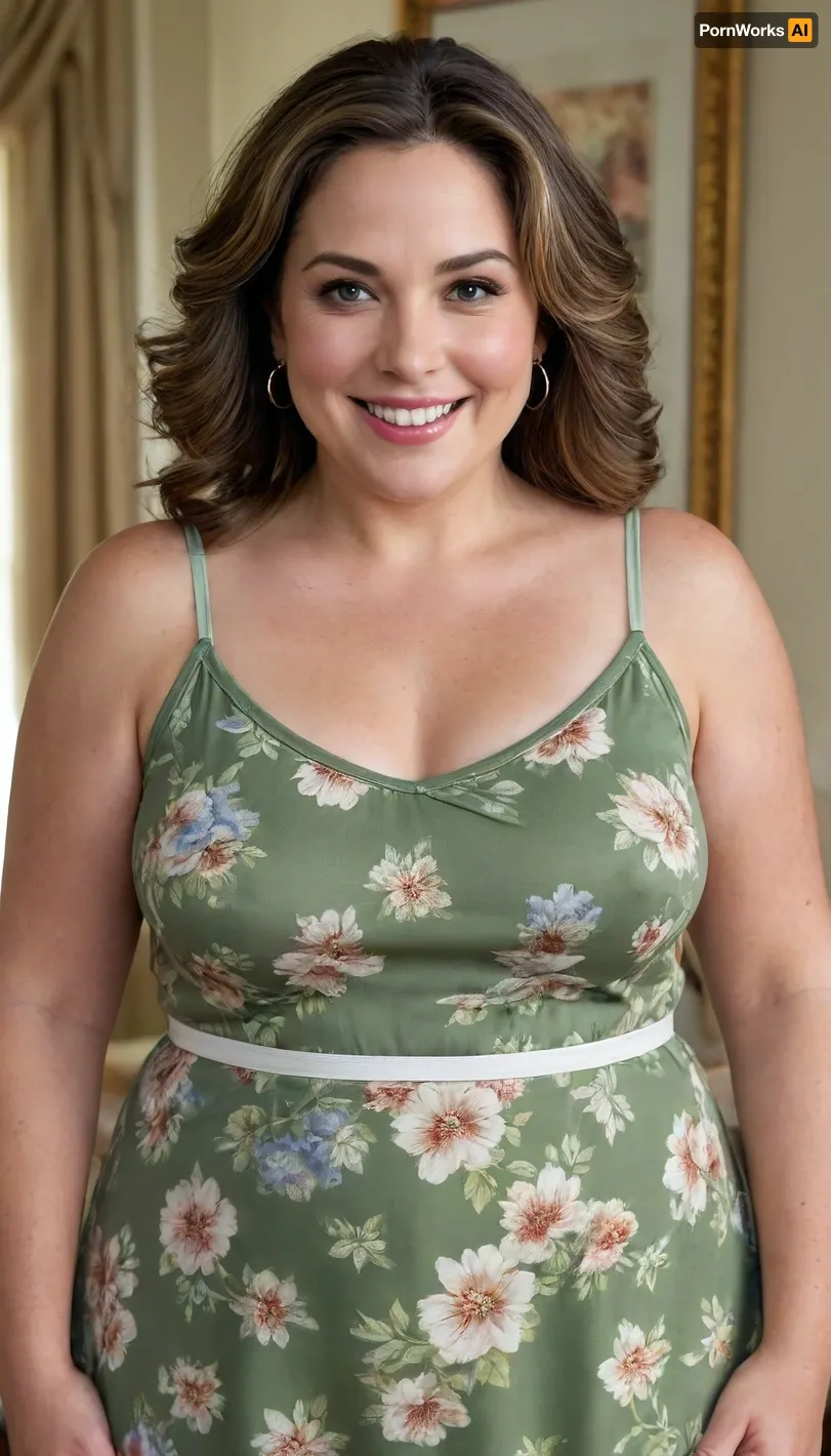 Very Obese 60 year old mature woman, bbw, gilf, (captivating eyes), dynamic pose, in a living room, (wide hips), big hips, light brunette hair with gray roots, chubby round face, big smile, (capturing full body, happy expression), best quality, photorealism, masterpiece, white spaghetti strap dress with blue floral print, sagging, FUPA, braless, Wearing, clothes, that, make, sense, with, Braless>, <lora:bralessSDXL_v1_00022:.4>, Photorealistic portrait, extremely high detail, studio lighting. A mature woman, late 50's with a warm, inviting, gentle smile creating soft lines around her eyes and mouth. Her face is oval to heart-shaped with a soft chin. Her skin is a medium, warm olive complexion with a natural glow, showing subtle age-related lines on her forehead and around her eyes.
Her eyes are the focal point, brilliant, captivating, vibrant olive green with intricate radial patterns and lighter flecks of gold/yellow-green radiating from dark, sharp, perfectly circular pupils. Natural, soft-curved eyelids with subtle crepiness. Natural, dark, medium-full eyelashes. Her eyebrows are well-defined, naturally arched, medium thickness, dark brown/soft black, framing her eyes. Her gaze is direct and friendly.
Her hair is medium length, past shoulders, with soft, voluminous waves/curls framing her face. The color is a striking, natural blend of dark charcoal grey and salt-and-pepper tones, with clear, bright white-grey streaks especially around temples and a slightly off-center part to her left. This contrasts beautifully with warmer medium-brown tones underneath and in lower lengths. Hair appears healthy, lustrous, with good body and movement, individual strands visible.
Her nose is medium, gently sloped with a slightly rounded tip. Cheeks are full, rounded, lifting with her smile, showing subtle contouring. Jawline is soft and gently curved. Full, well-defined lips in a rich, warm berry/plum shade with a soft, semi-matte finish, revealing evenly spaced white teeth in a broad, genuine smile. Subtle fine lines radiate from lip corners. A small portion of her left earlobe is visible, adorned with a slender, simple hoop earring.