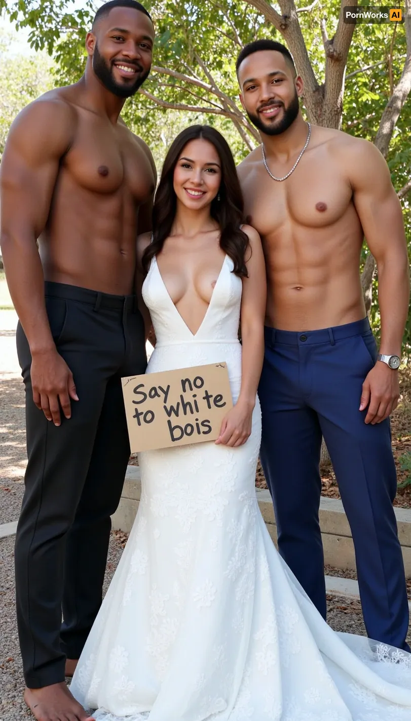 A young bride with super sultry extra deep v neck sheer wedding dress. poses with two giant super sexy super muscular black skin african male wedding guests of different age, diferent faces, different suitcolors. The bride holds a handmade sign with text "Say no to white bois".