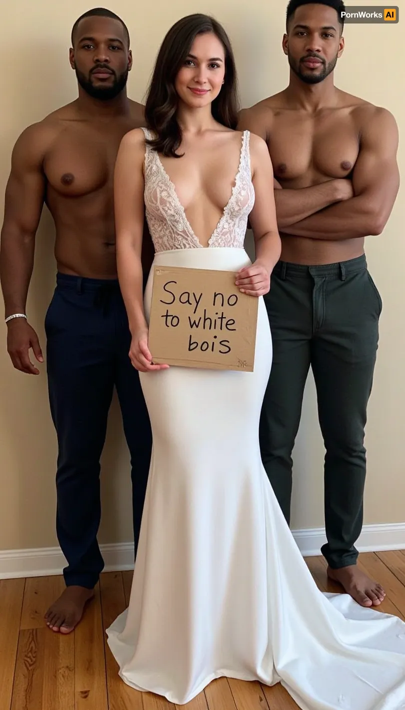 A young bride with super sultry extra deep v neck sheer wedding dress. poses with two giant super sexy super muscular black skin african male wedding guests of different age, diferent faces, different suitcolors. The bride holds a handmade sign with text "Say no to white bois"., <lora:BustyWomen-v3:.8>