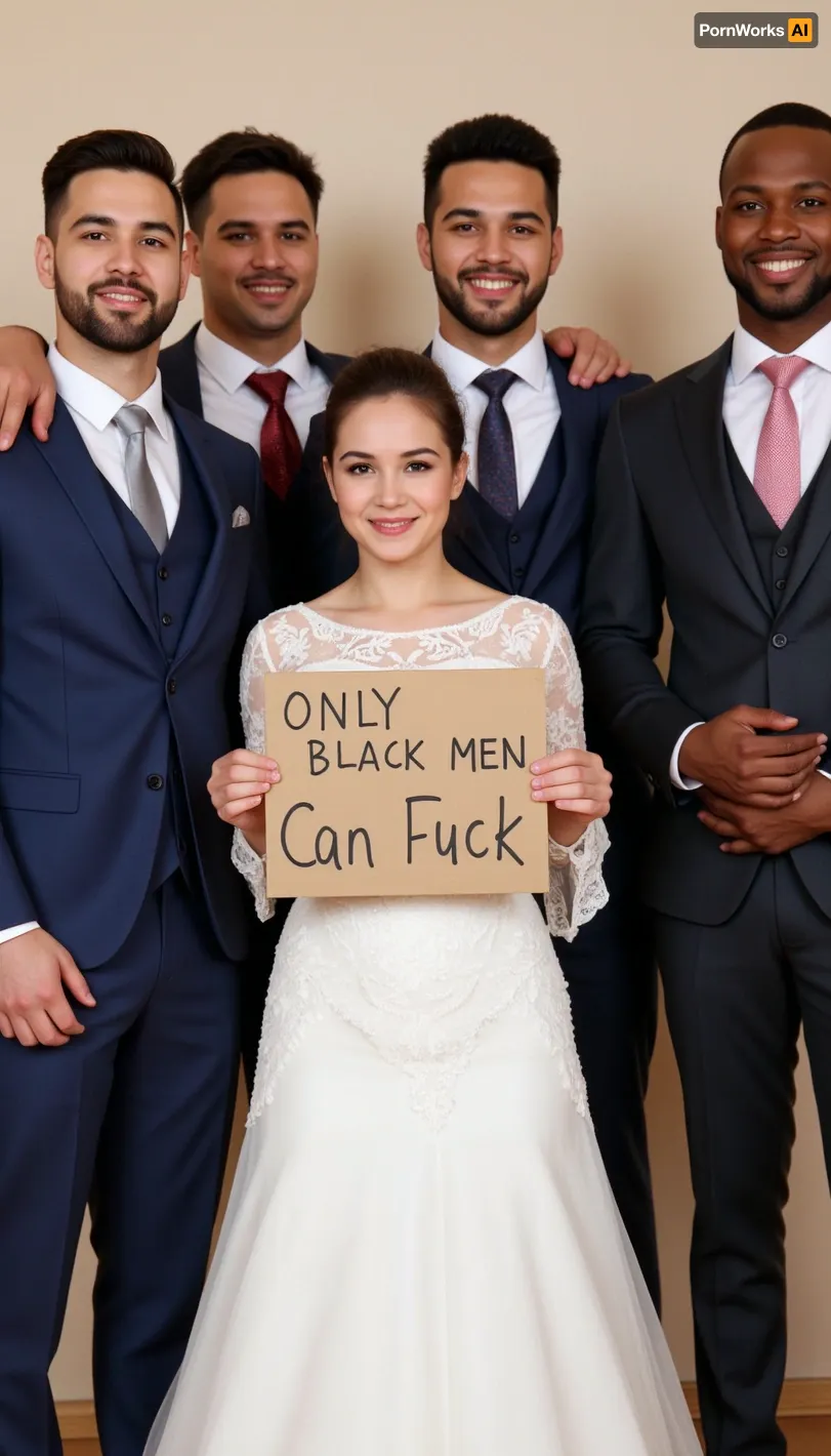 A young Iranian sexy bride poses with six super muscular black skin african males wedding guests of different ages, different faces, different suit colors. The bride holds a handmade sign with text "Only black men can fuck".