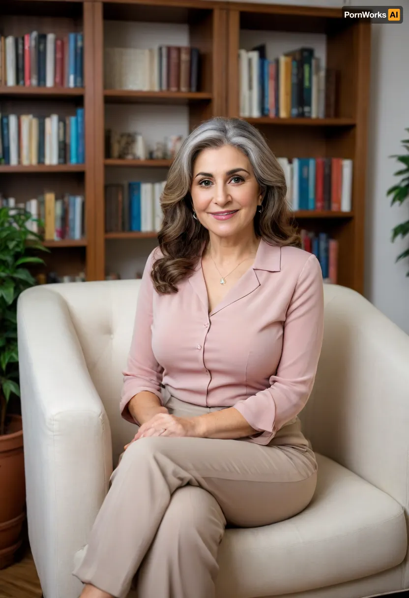 A busty, attractive Armenian psychologist, mature, 60 years old, gilf, dressed professionally in a modest yet elegant blouse and tailored pants that accentuate her curves. She is seated in a comfortable, well-lit office, adorned with cultural artifacts and soothing pastel colors that reflect her Armenian heritage. Her office is equipped with a large, mahogany desk, a plush chair for patients, and a cozy sofa where she sits, with a warm smile on her face and her arms raised gracefully above her ample chest. Behind her, diplomas and certificates from prestigious institutions line the walls, establishing her expertise and qualifications. She has a pen in hand, ready to jot down notes, and her attentive gaze is focused on the camera, offering a sense of empathy and understanding to the viewer. The room is filled with an aura of calmness and intellectualism, with bookshelves packed with psychology texts and journals, and a small potted plant adding a touch of nature to the environment. The psychologist's hair is styled in loose waves that frame her glowing complexion, and she wears minimal makeup, allowing her natural beauty to shine through. The composition is carefully balanced, with her figure as the central focus, conveying both her professionalism and approachability in a way that is respectful and captivating